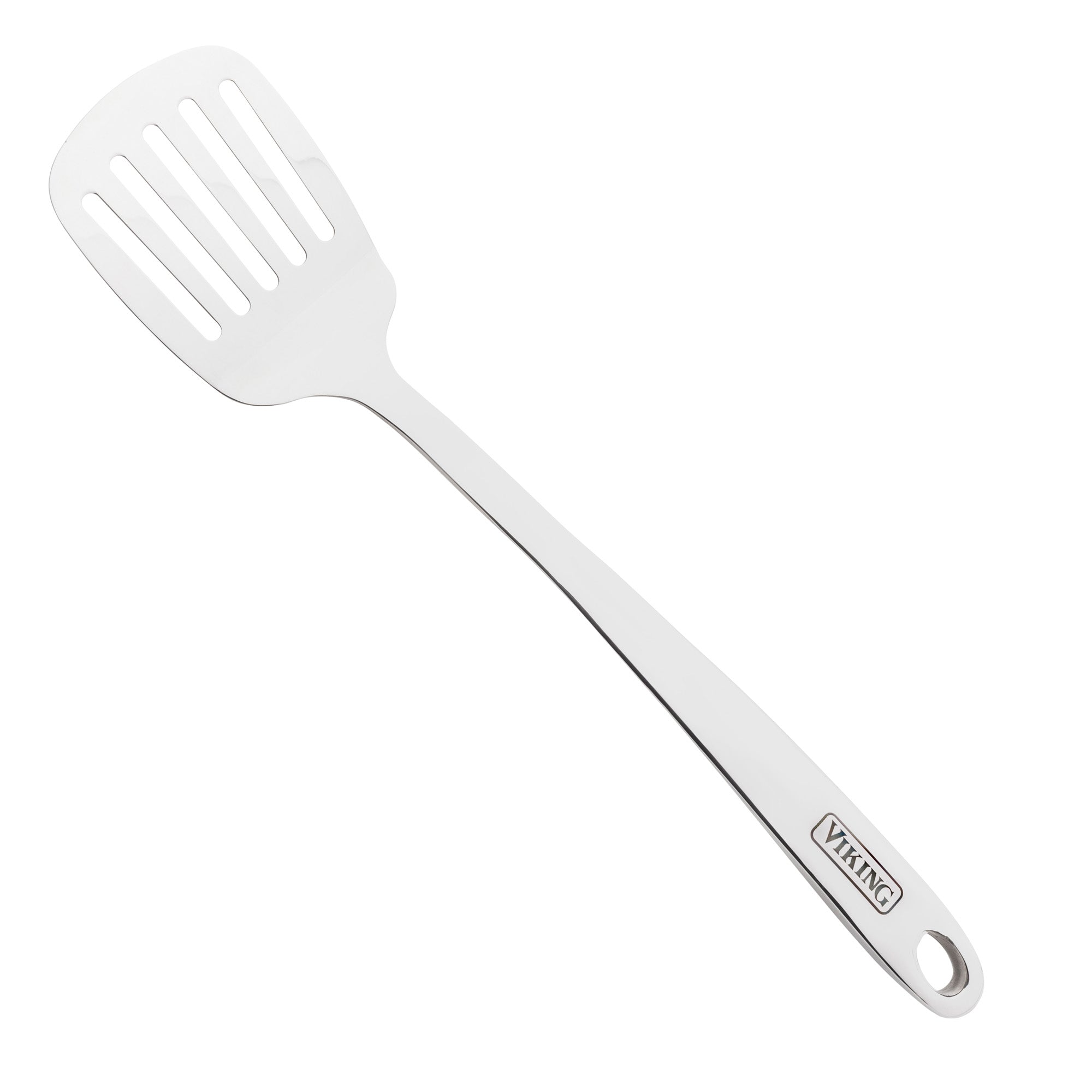 Part of the Viking Hollow Forged Stainless Steel 6-Piece Tool Set, this slotted spatula features a long handle with an oval hole at the end. Dishwasher safe, its handle is stamped with Viking Culinary Products brand name.