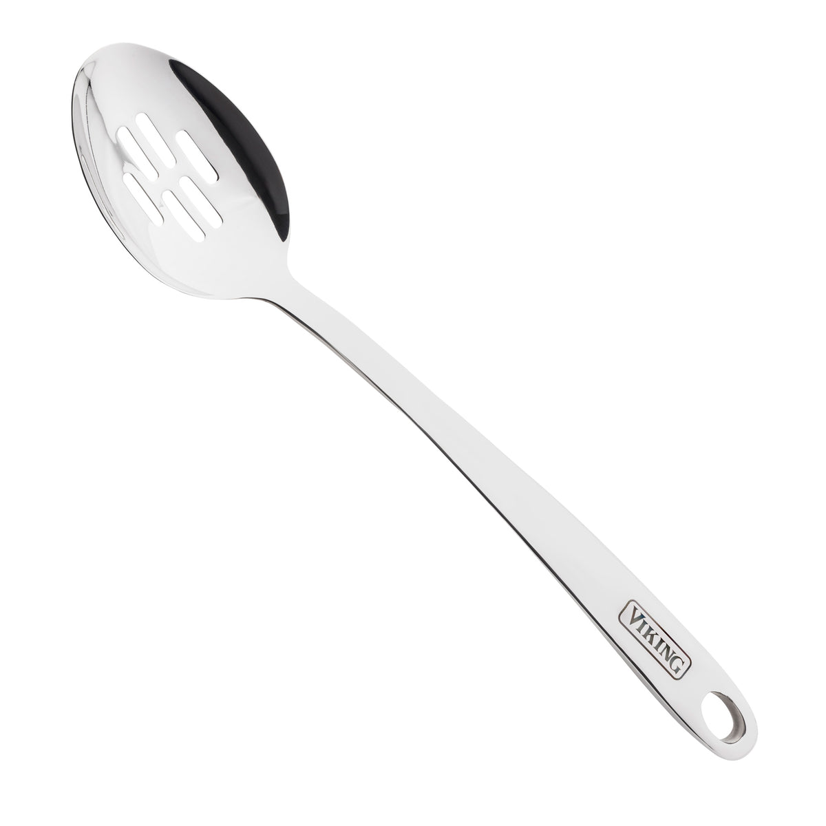 The Viking Hollow Forged Stainless Steel 6-Piece Tool Set by Viking Culinary Products features long-handled utensils with rectangular slots and an engraved brand name near the hanging hole. Dishwasher safe, perfect for any kitchen collection.