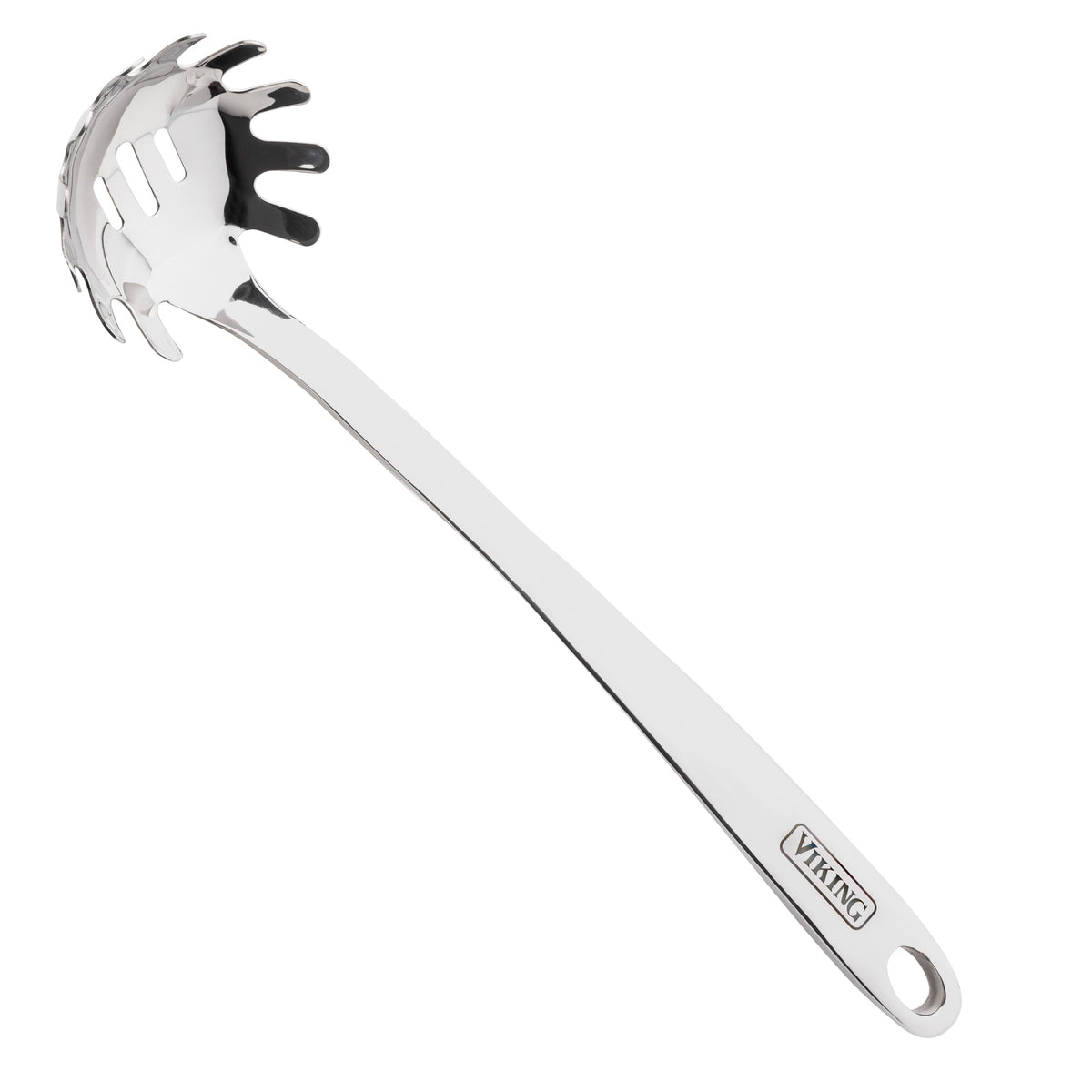 The Viking Hollow Forged Stainless Steel 6-Piece Tool Set by Viking Culinary Products includes a dishwasher-safe pasta server with pronged edges, a hanging hole, and VIKING engraved on the handle.