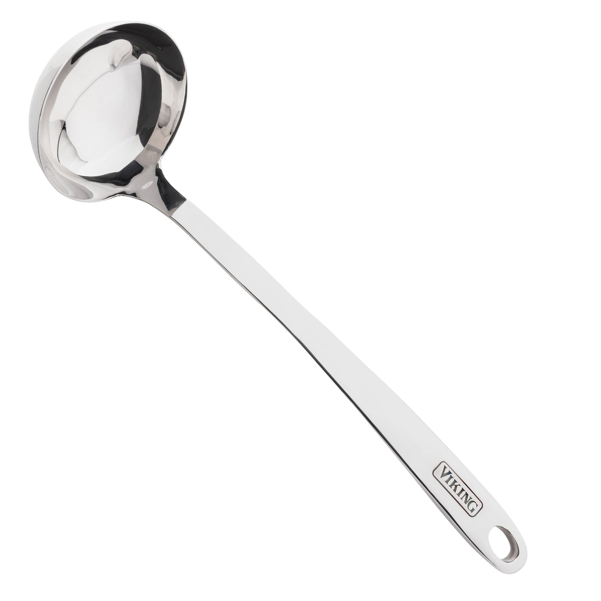 The Viking Hollow Forged Stainless Steel 6-Piece Tool Set by Viking Culinary Products includes tools like a soup ladle with a deep, round bowl, long handle with an end hole, engraved VIKING logo, and is dishwasher safe for easy cleaning.