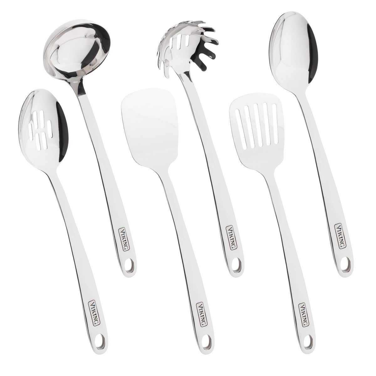 The Viking Hollow Forged Stainless Steel 6-Piece Tool Set by Viking Culinary Products includes a ladle, pasta server, slotted spoon, spatula, slotted turner, and serving spoon—all dishwasher safe with Viking logo handles.