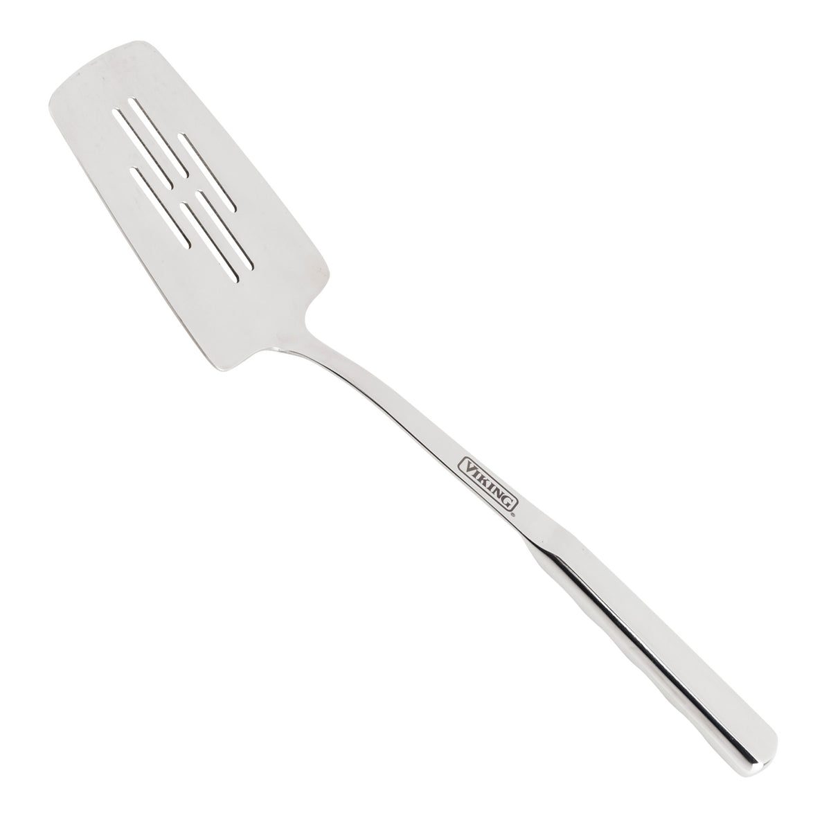 The Viking 8-Piece Stainless Steel Utensil Set by Viking Culinary Products includes an ergonomic slotted spatula with a rectangular head, long angled handle, and engraved brand name—making it a standout among stainless steel kitchen tools.