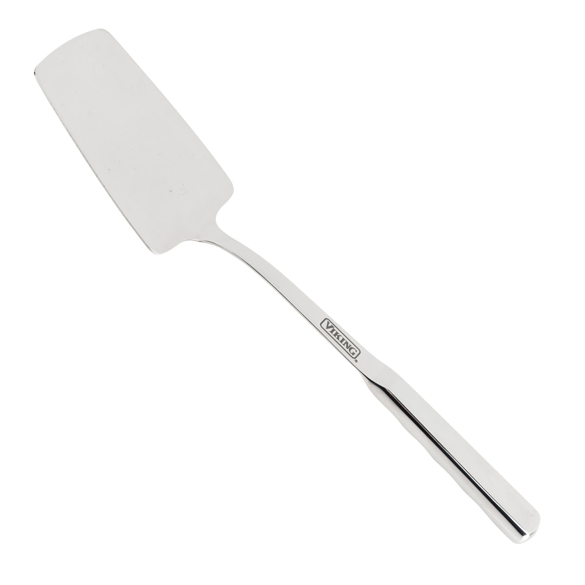 The Viking 8-Piece Stainless Steel Utensil Set by Viking Culinary Products features an ergonomic spatula with a flat, rectangular blade and long handle, shown against a white background.