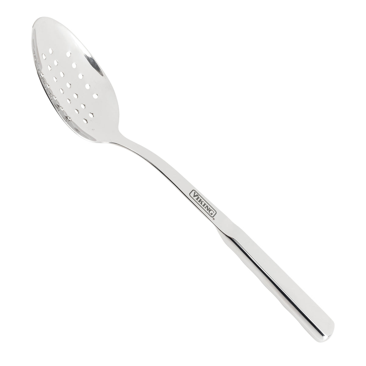 The Viking 8-Piece Stainless Steel Utensil Set by Viking Culinary Products includes a slotted spoon with a rectangular handle and small bowl holes, perfect for draining liquids and essential for any stainless steel utensil collection.