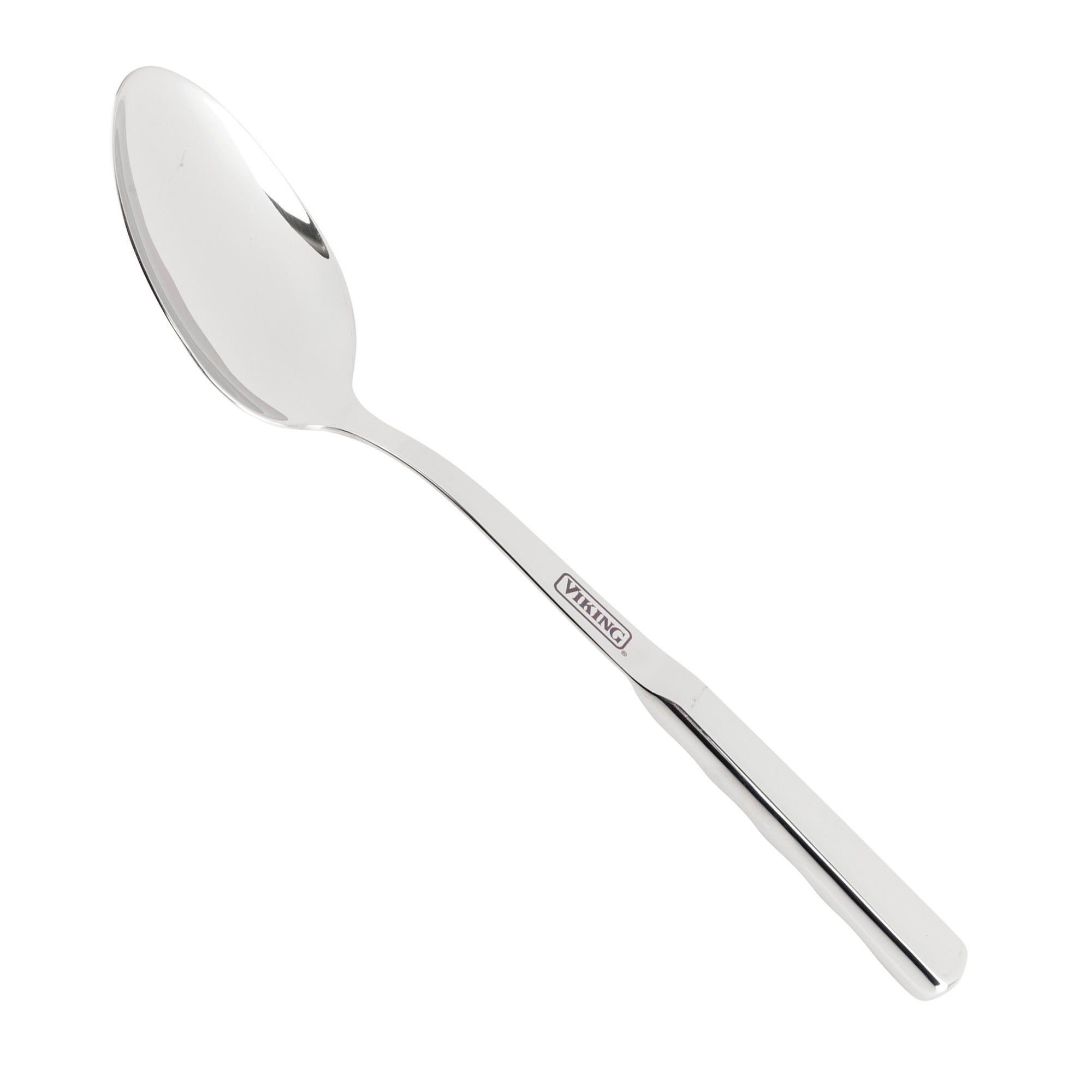 A shiny stainless steel spoon with a rectangular handle from the Viking 8-Piece Stainless Steel Utensil Set by Viking Culinary Products is dishwasher safe and shown isolated on a white background.