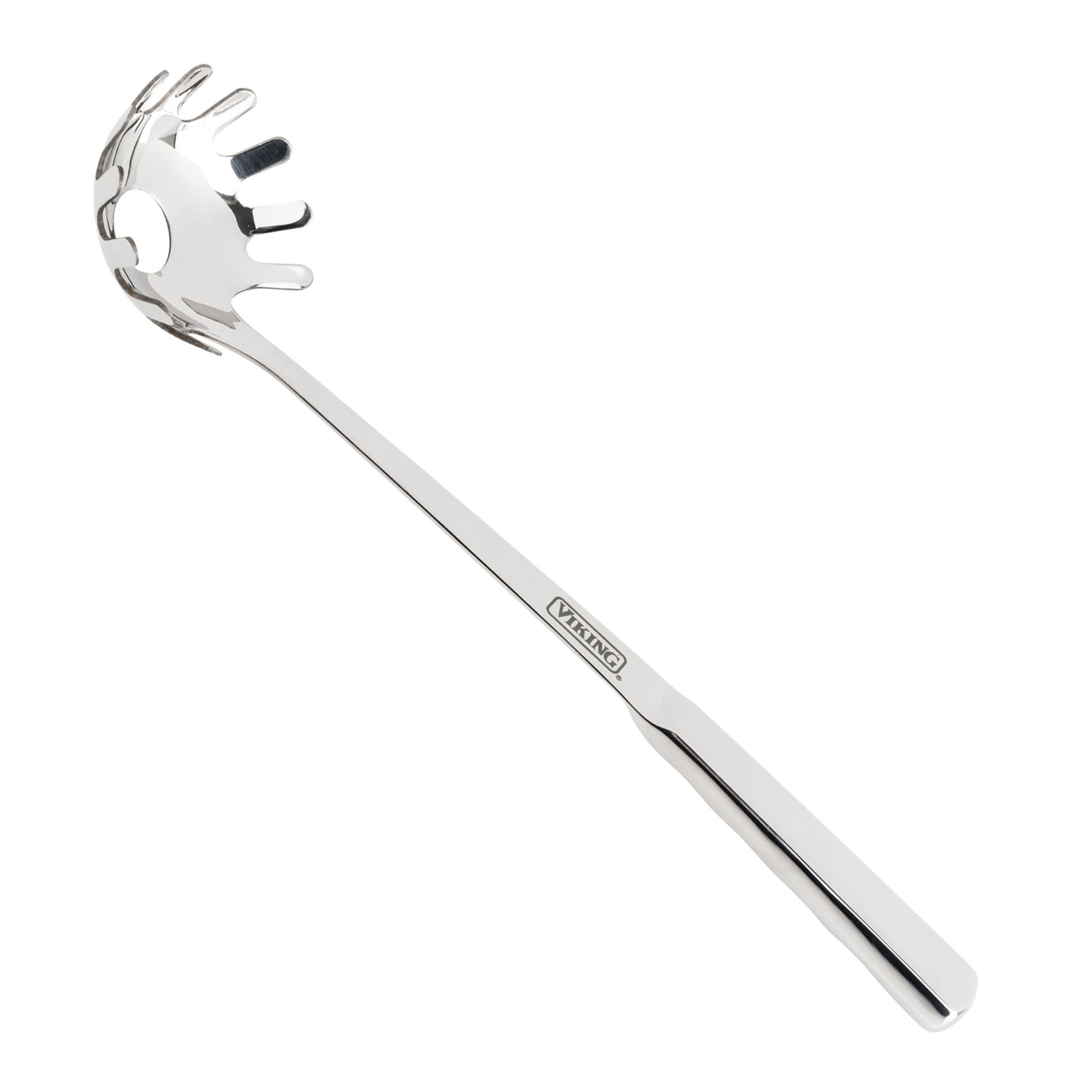 The Viking Culinary Products 8-Piece Stainless Steel Utensil Set includes a pasta server with a long handle and pronged, rounded scoop—an ergonomic tool thats dishwasher safe, perfect for serving spaghetti and other pasta dishes.