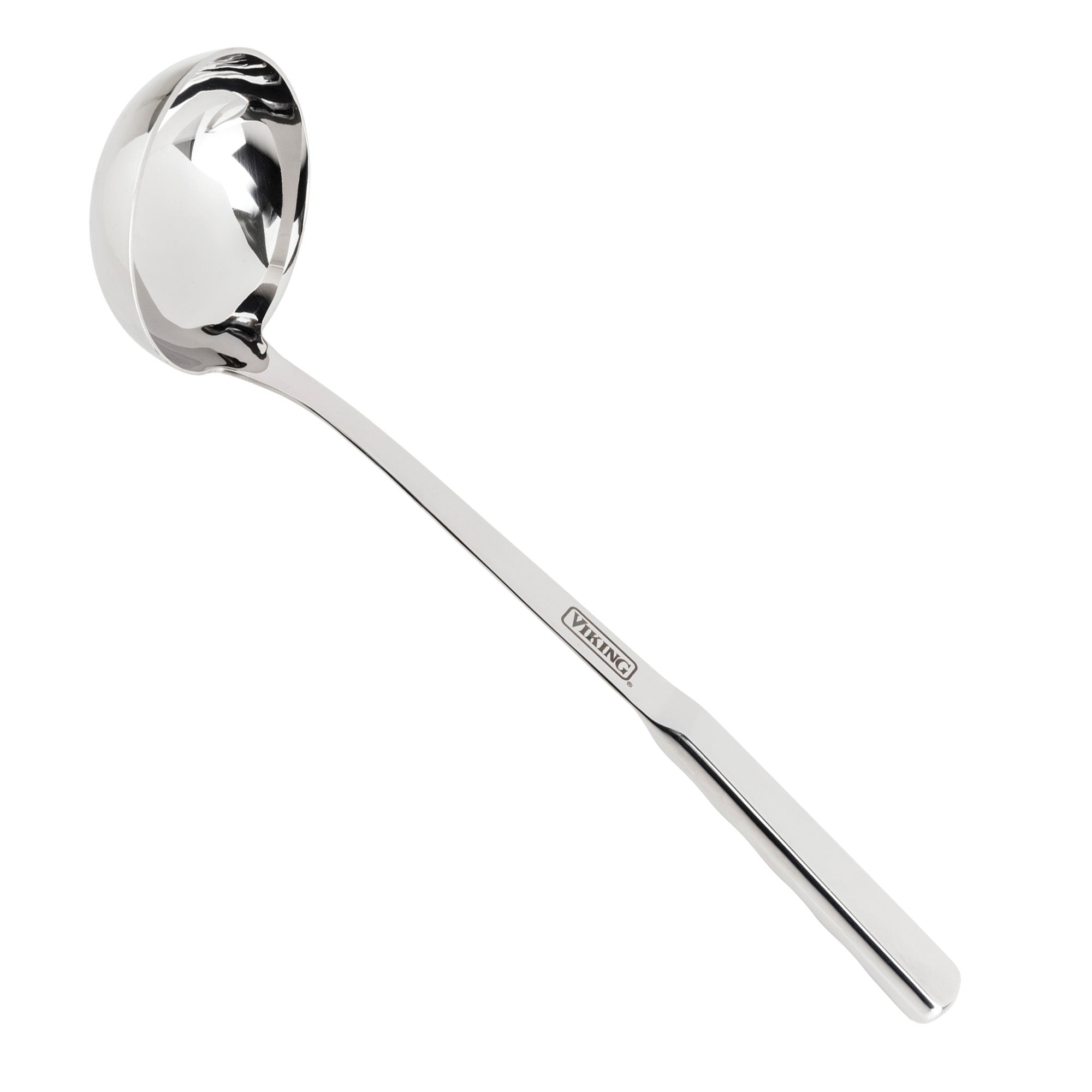 The Viking 8-Piece Stainless Steel Utensil Set by Viking Culinary Products includes a soup ladle with a deep bowl, ergonomic handle, and engraved logo. Part of our Dishwasher Safe Cooking Set for easy cleanup.