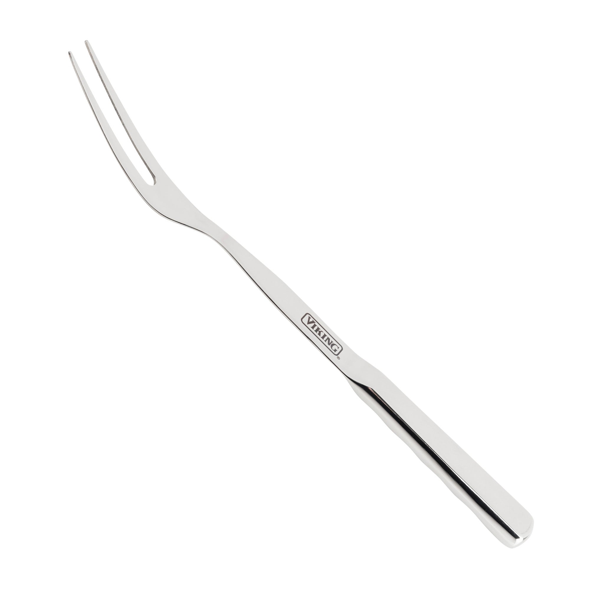 The Viking Culinary Products 8-Piece Stainless Steel Utensil Set includes a carving fork with two long tines and a straight, ergonomic handle, featuring the Viking brand engraved on the side.