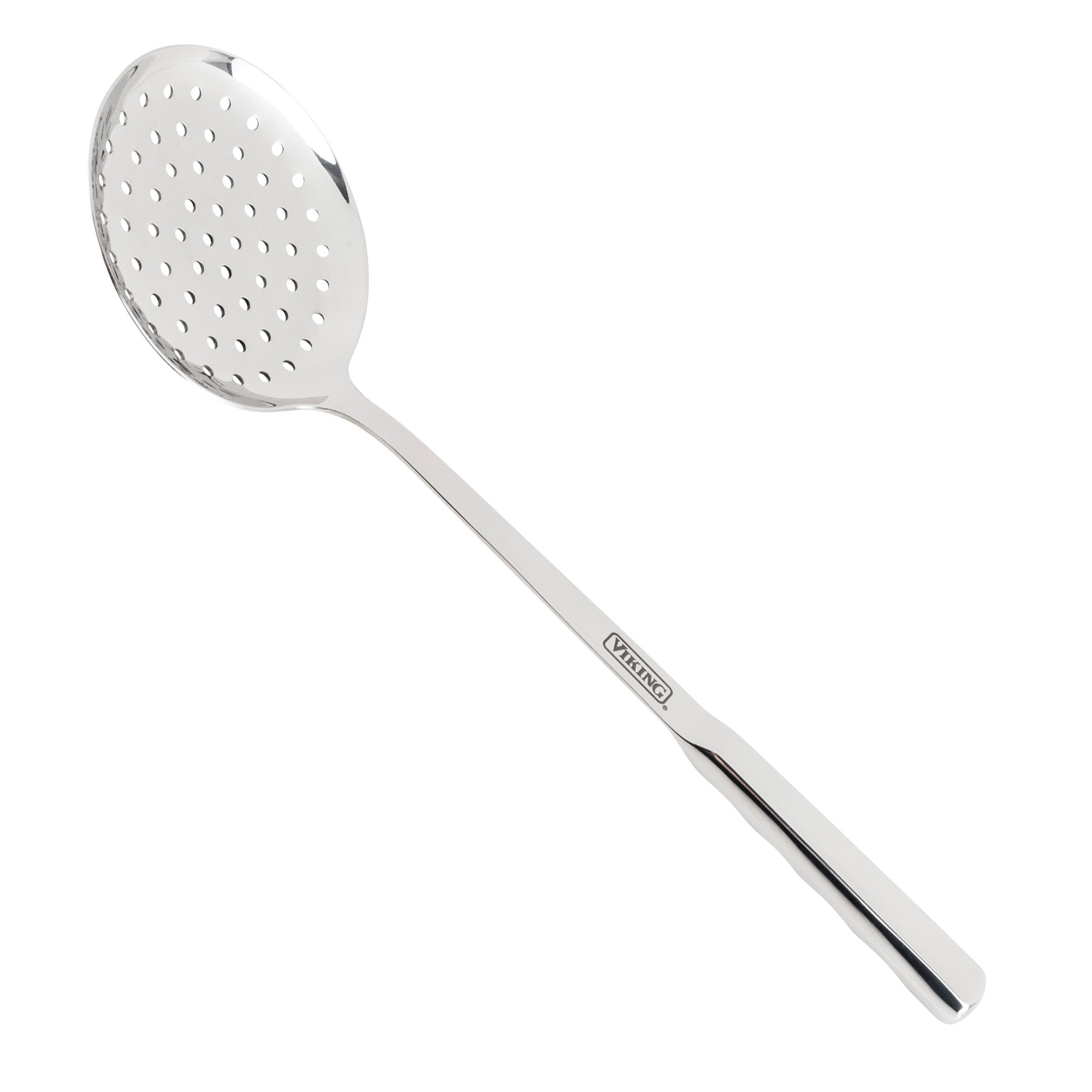 The Viking 8-Piece Stainless Steel Utensil Set from Viking Culinary Products includes a skimmer spoon with a long handle and perforated head, making it an essential tool for lifting or straining food in any ergonomic kitchen.
