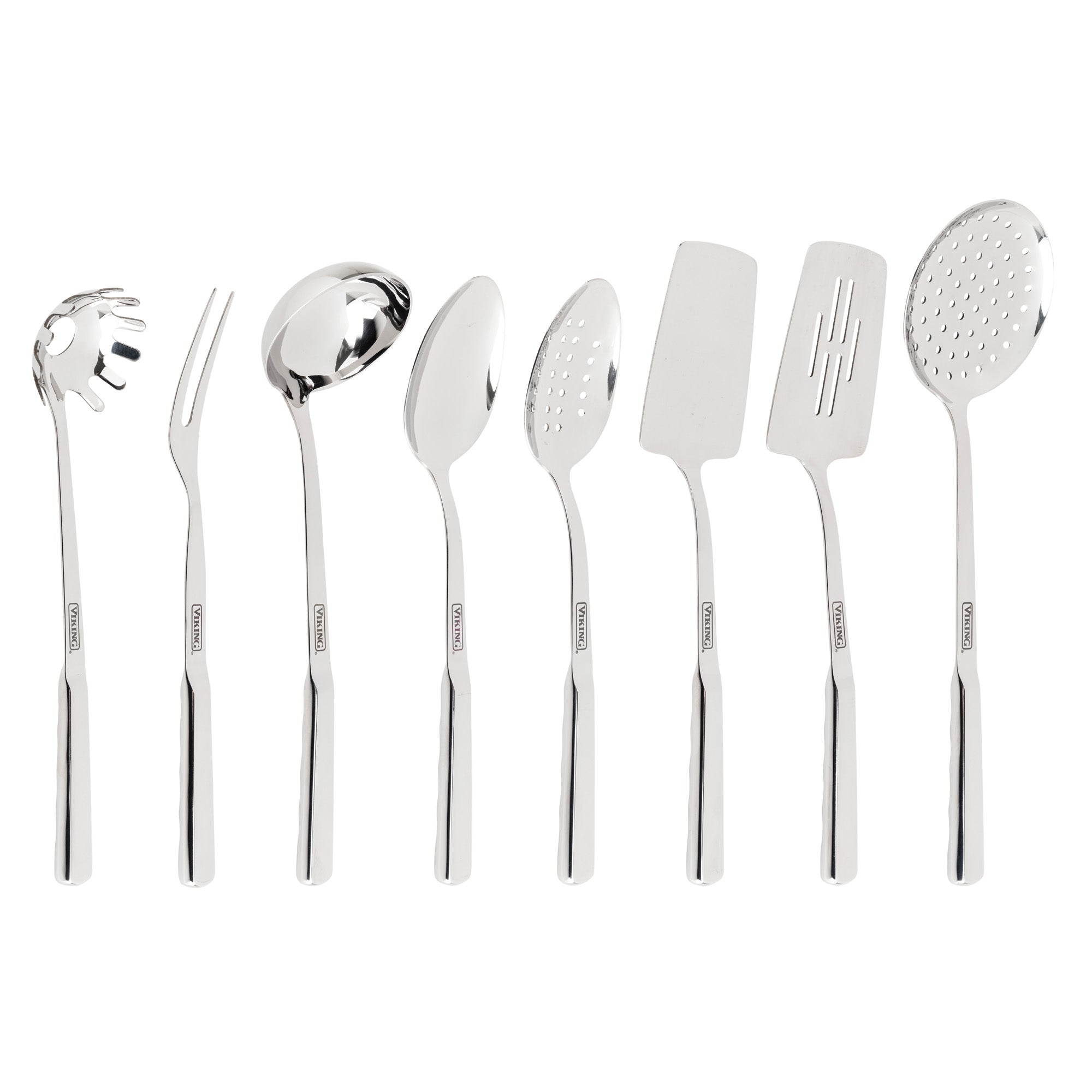 The Viking 8-Piece Stainless Steel Utensil Set from Viking Culinary Products features ergonomic, dishwasher-safe kitchen tools like a pasta server, ladle, and carving fork—stylish essentials kept upright for easy access.