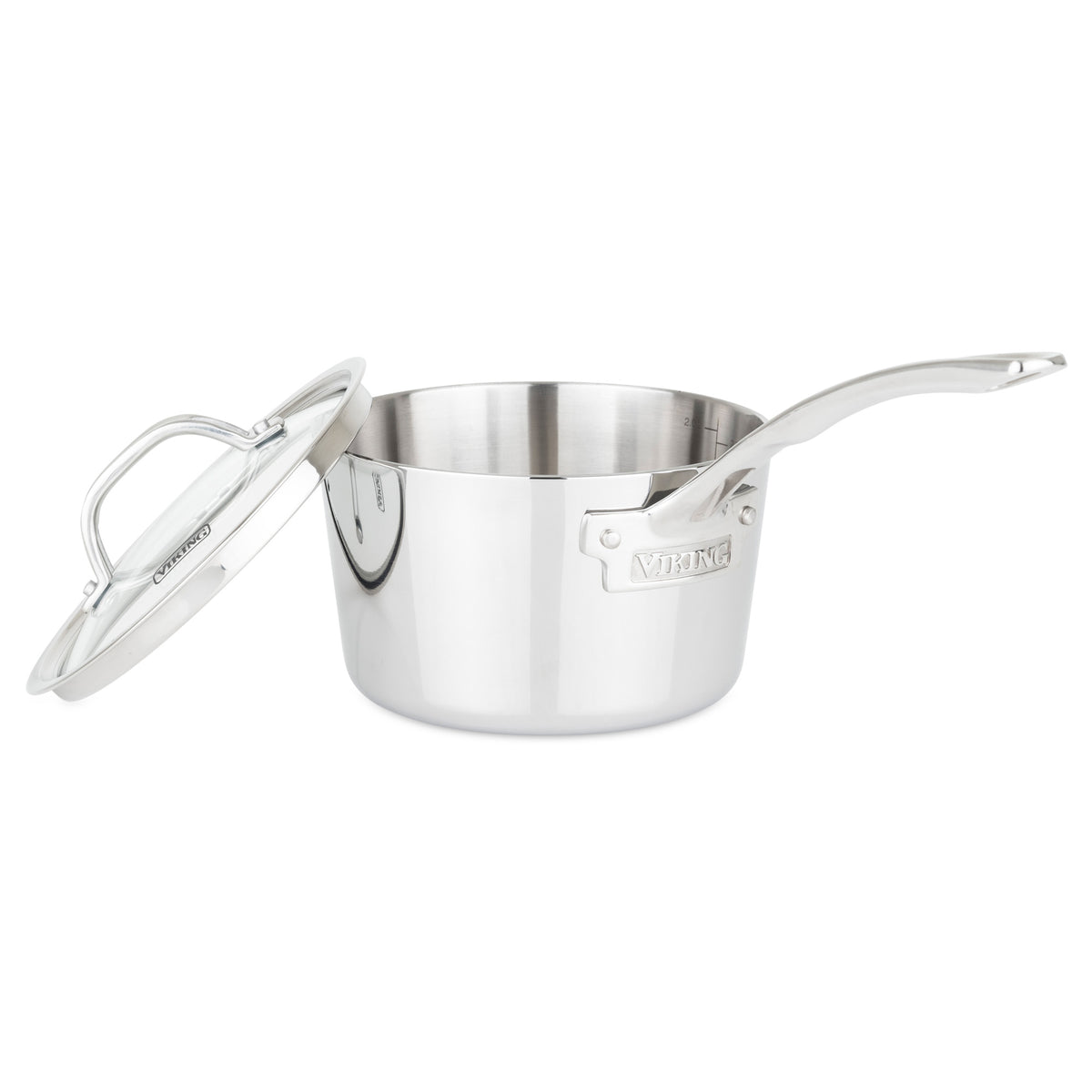 The Viking Contemporary 3-Ply 2.4-Quart Sauce Pan from Viking Culinary Products features a polished stainless steel finish, long stay-cool handle, and matching glass lid, plus induction compatibility for versatile use.