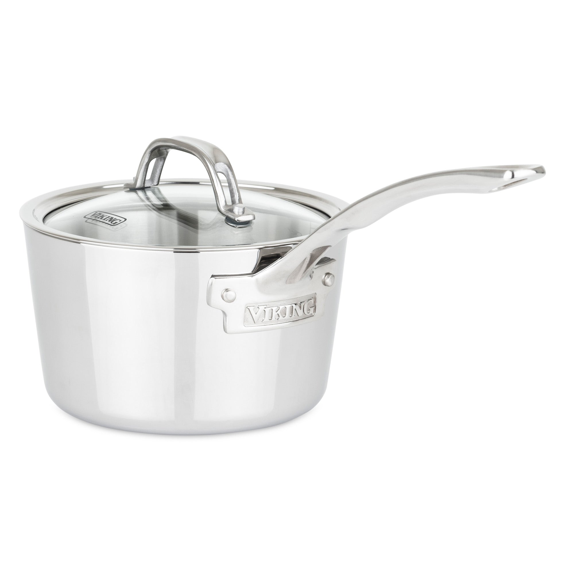 The Viking Contemporary 3-Ply 2.4-Quart Sauce Pan with Glass Lid from Viking Culinary Products features a polished stainless steel finish, induction compatibility, and a long stay-cool handle with the brand name on the side.