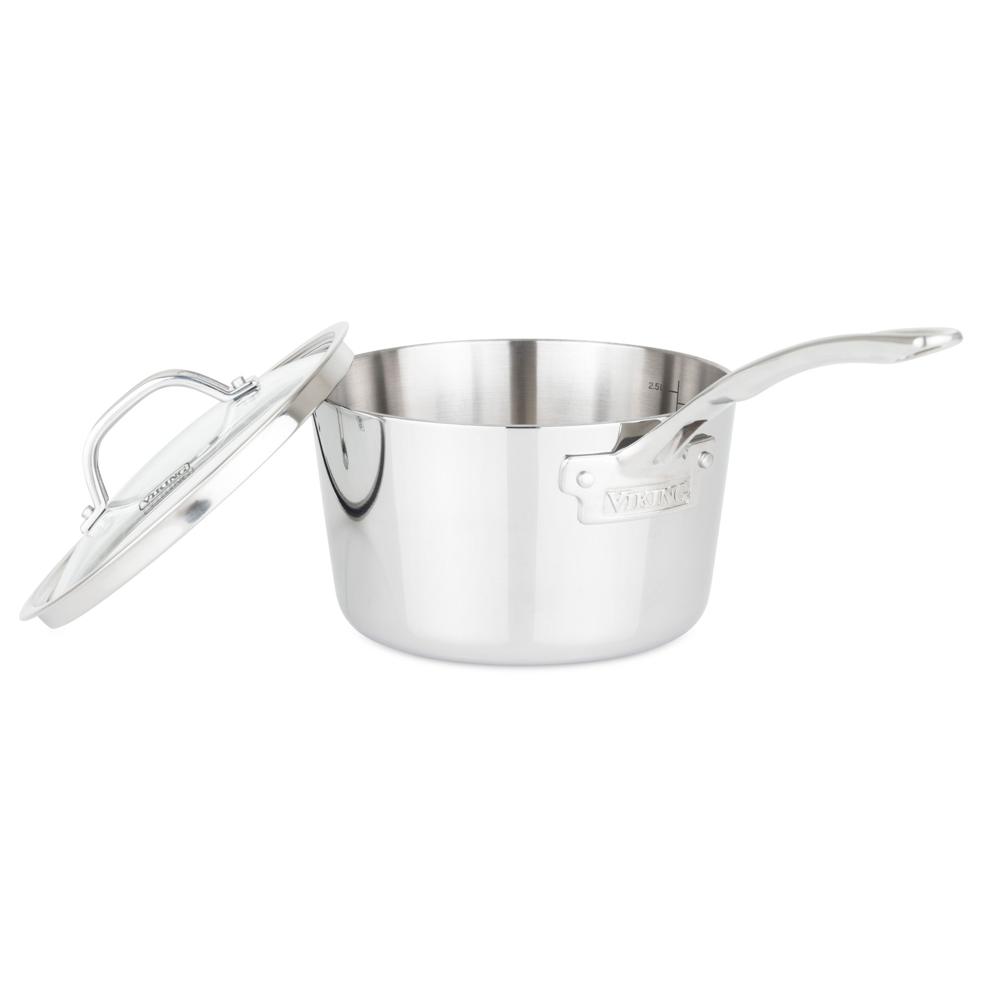 The Viking Contemporary 3-Ply 3.4-Quart Sauce Pan from Viking Culinary Products features a reflective stainless steel finish, long stay-cool handle, glass lid, sturdy build, and is dishwasher safe for easy cleaning.
