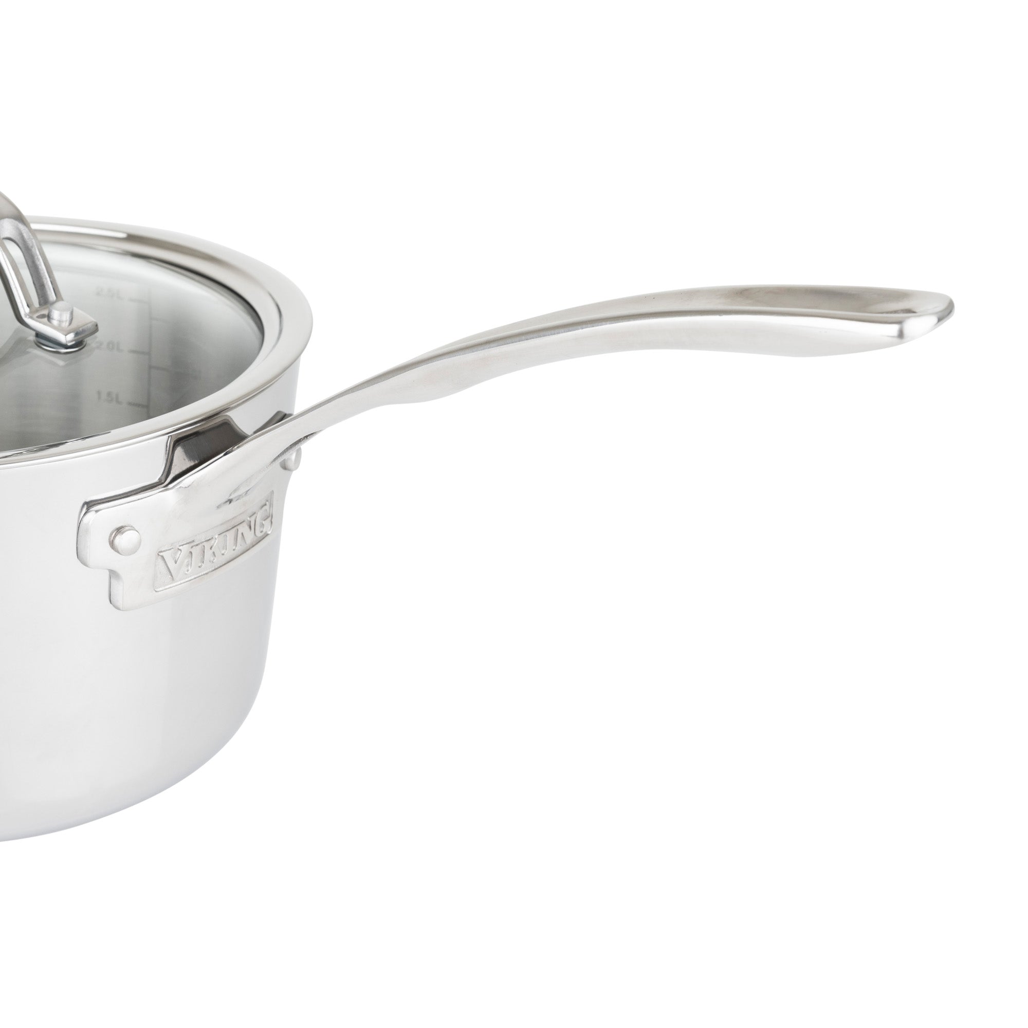 Close-up of the Viking Culinary Products Contemporary 3-Ply 3.4-Quart Sauce Pan, featuring a long Stay-Cool handle and glass lid, with the brand name engraved on a metal plate attached to the side.