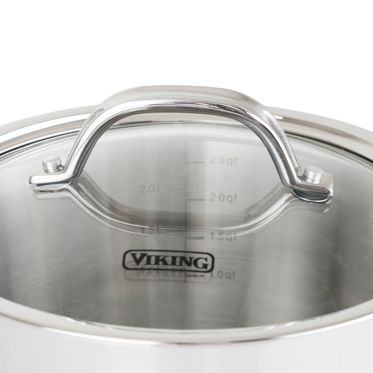 Close-up of the Viking Contemporary 3-Ply 3.4-Quart Sauce Pan by Viking Culinary Products, featuring a stainless steel body, glass lid with metal handle, interior measurement markings, Stay-Cool handles, and Viking logo on the side.