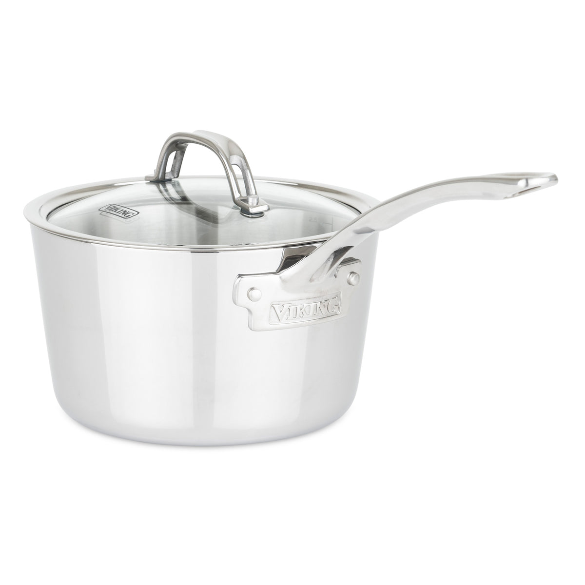 The Viking Contemporary 3-Ply 3.4-Quart Sauce Pan by Viking Culinary Products features a shiny stainless steel finish, glass lid, and long stay-cool handle. Dishwasher safe, it displays the embossed brand logo and is shown against a plain white background.