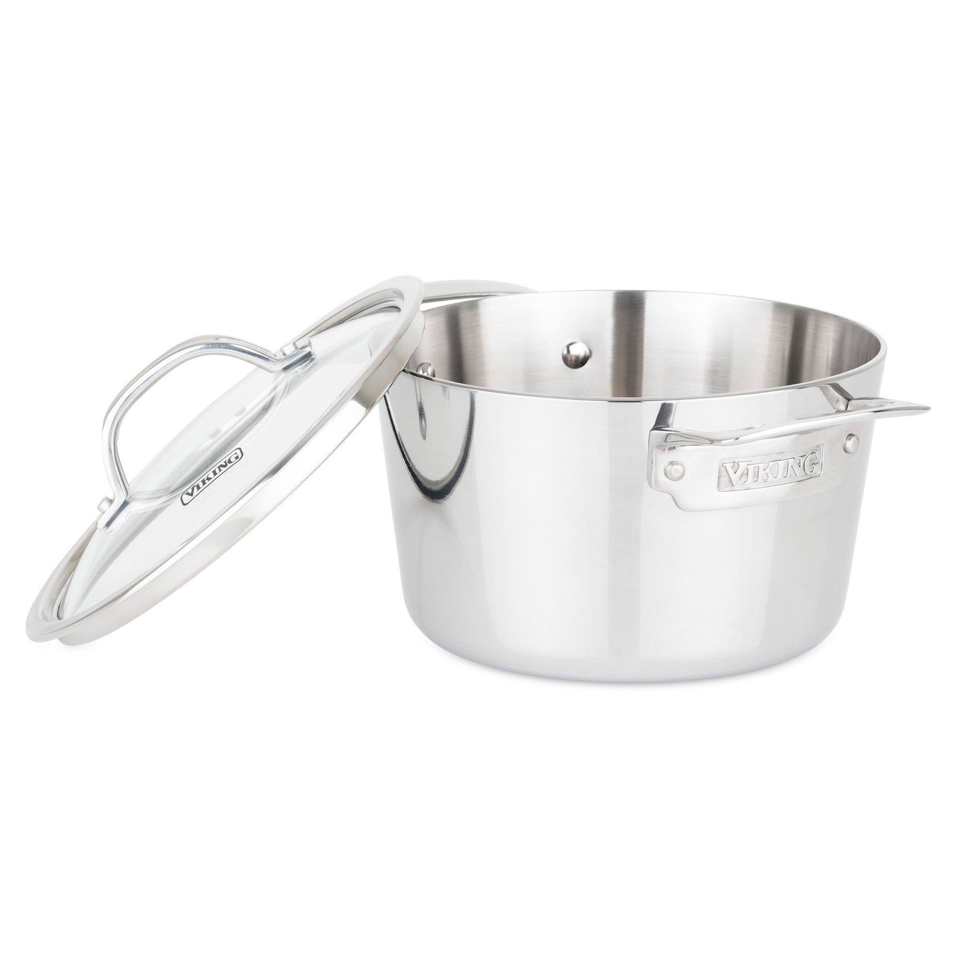 The Viking Contemporary 3-Ply Stainless Steel 3.4-Quart Soup Pot by Viking Culinary Products features side handles, a matching lid, and a shiny, reflective finish; its induction compatible for versatile cooking.