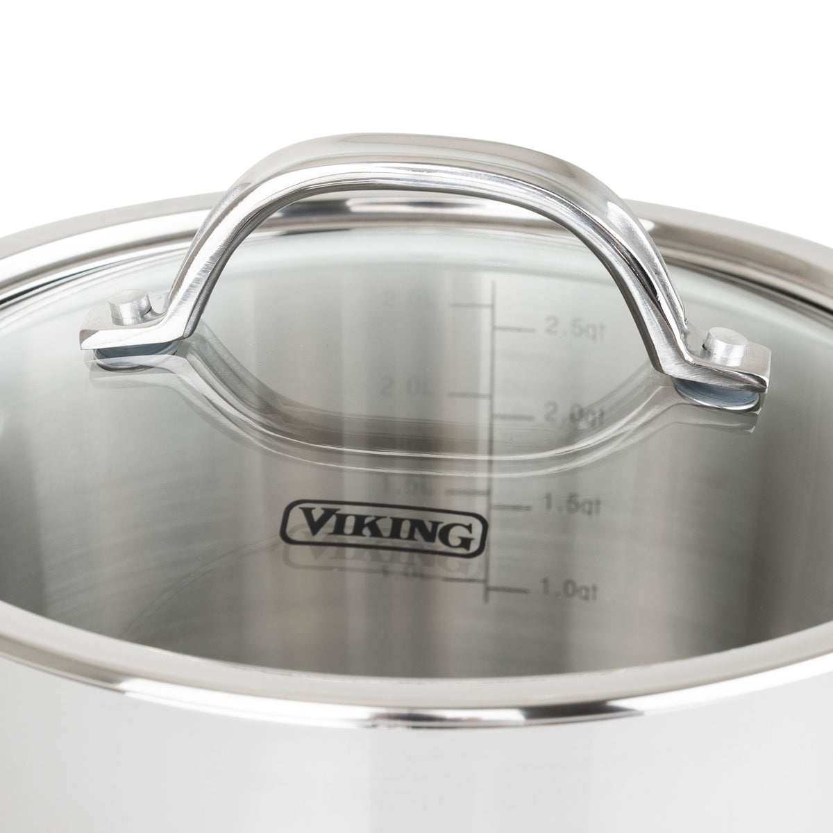 A close-up of the Viking Contemporary 3-Ply Stainless Steel 3.4-Quart Soup Pot by Viking Culinary Products, showing its glass lid, metal handle, interior measurement markings, even-heating 3-ply build, and the Viking logo on the lid.