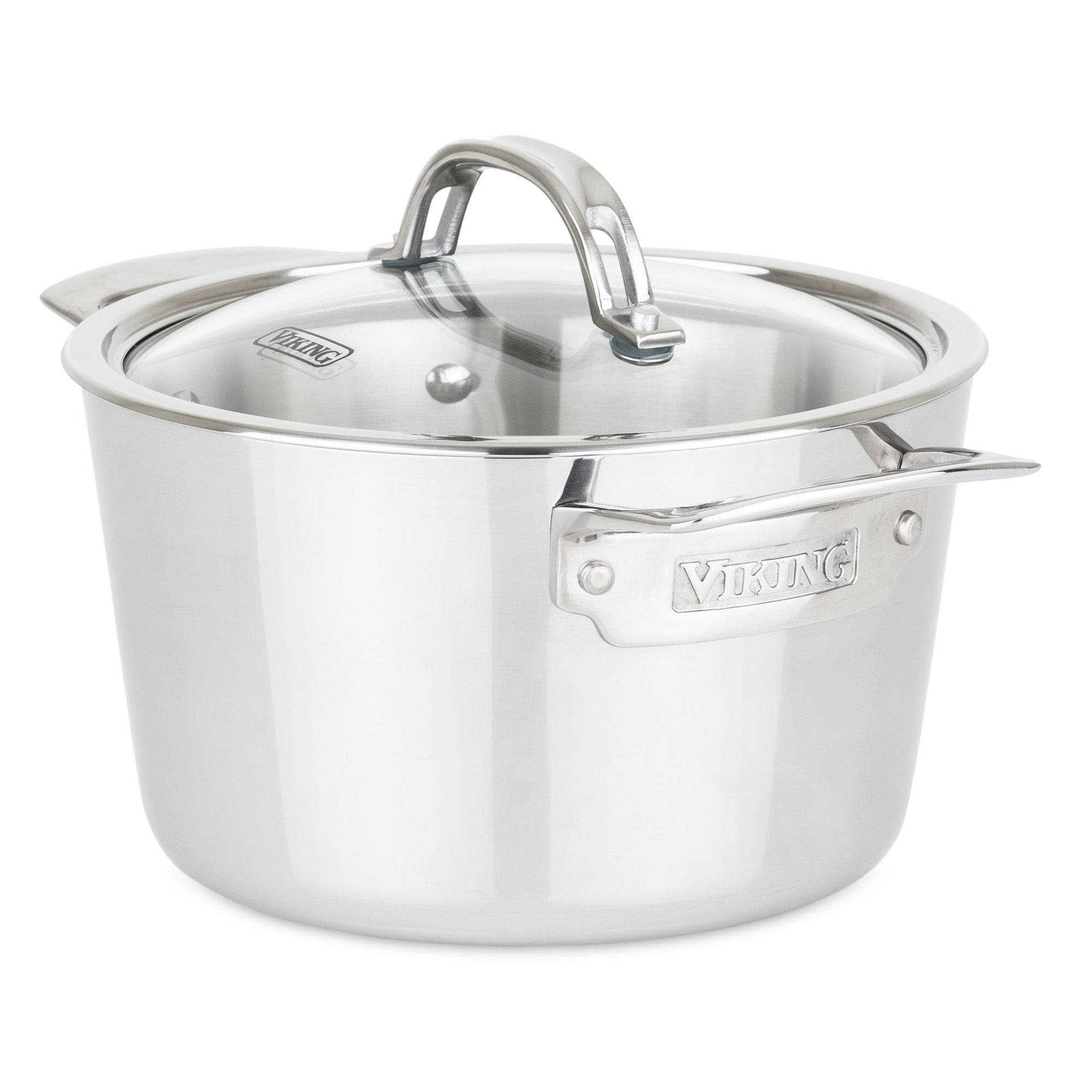 The Viking Contemporary 3-Ply Stainless Steel 3.4-Quart Soup Pot by Viking Culinary Products features two handles and a clear glass lid, displayed against a white background.