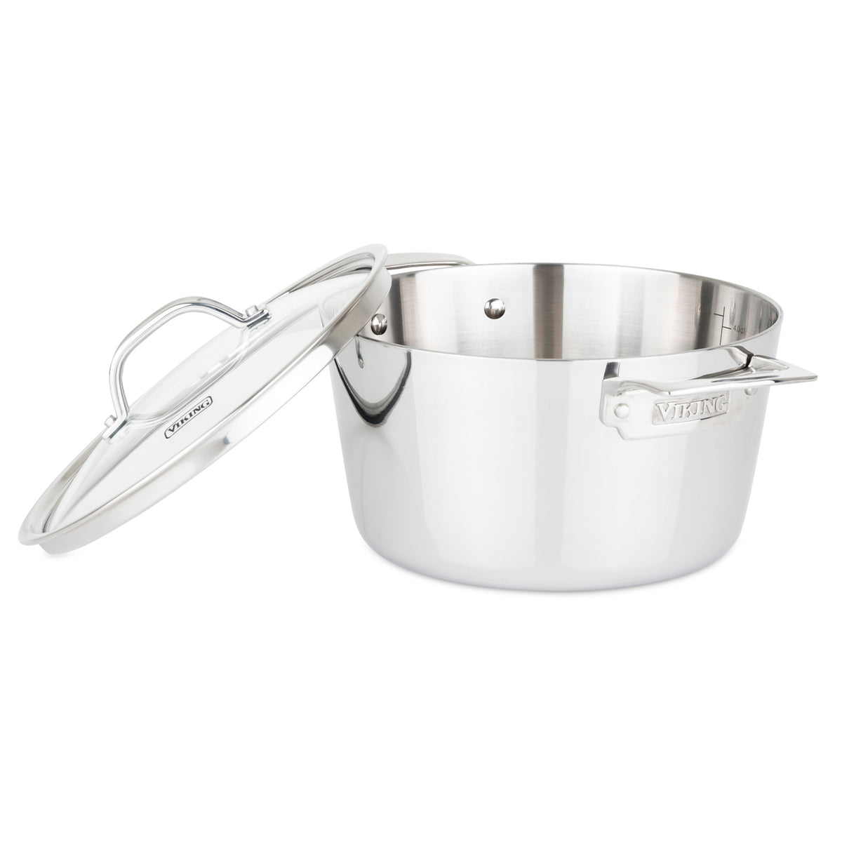 The Viking Contemporary 3-Ply 5.2-Quart Dutch Oven by Viking Culinary Products features a shiny stainless steel finish, dual side handles, an angled glass lid, visible branding, and is induction compatible for versatile cooking.