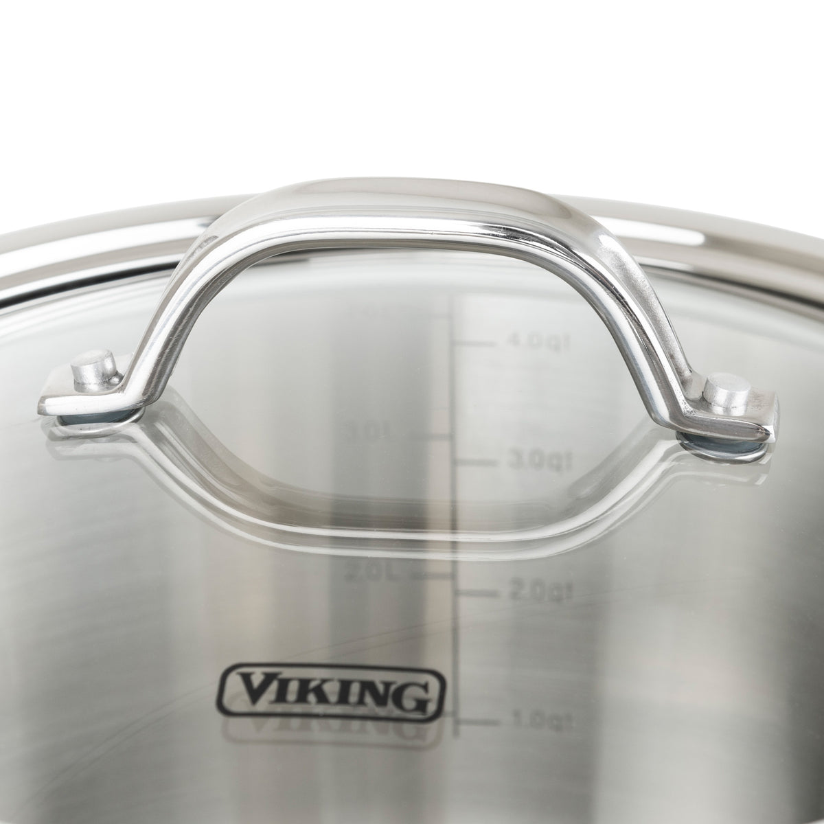 Close-up of the Viking Culinary Products Contemporary 3-Ply 5.2-Quart Dutch Oven with Glass Lid, featuring a stainless steel body, metal handle, measurement markings inside, and the Viking logo printed on its side. Induction compatible.
