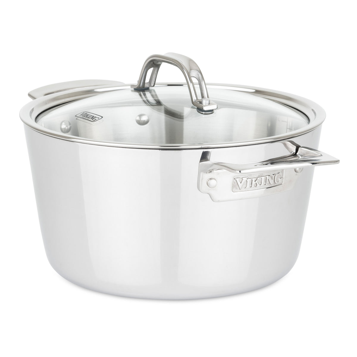 The Viking Contemporary 3-Ply 5.2-Quart Dutch Oven by Viking Culinary Products features a stainless steel finish, glass lid, metal handles with branded side handle, and is induction compatible for versatile cooking.