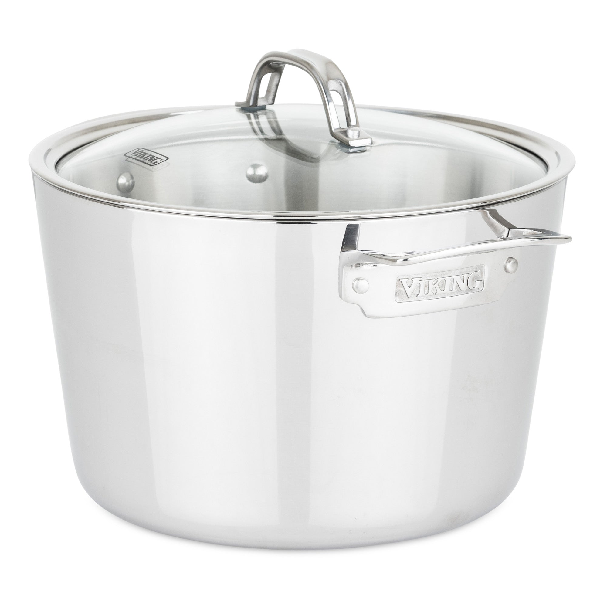 The Viking Culinary Products Contemporary 3-Ply Stainless Steel 12-Piece Cookware Set features induction compatibility, glass lids, metal handles, and a shiny, stylish design with the brand name on the side for both function and elegance.
