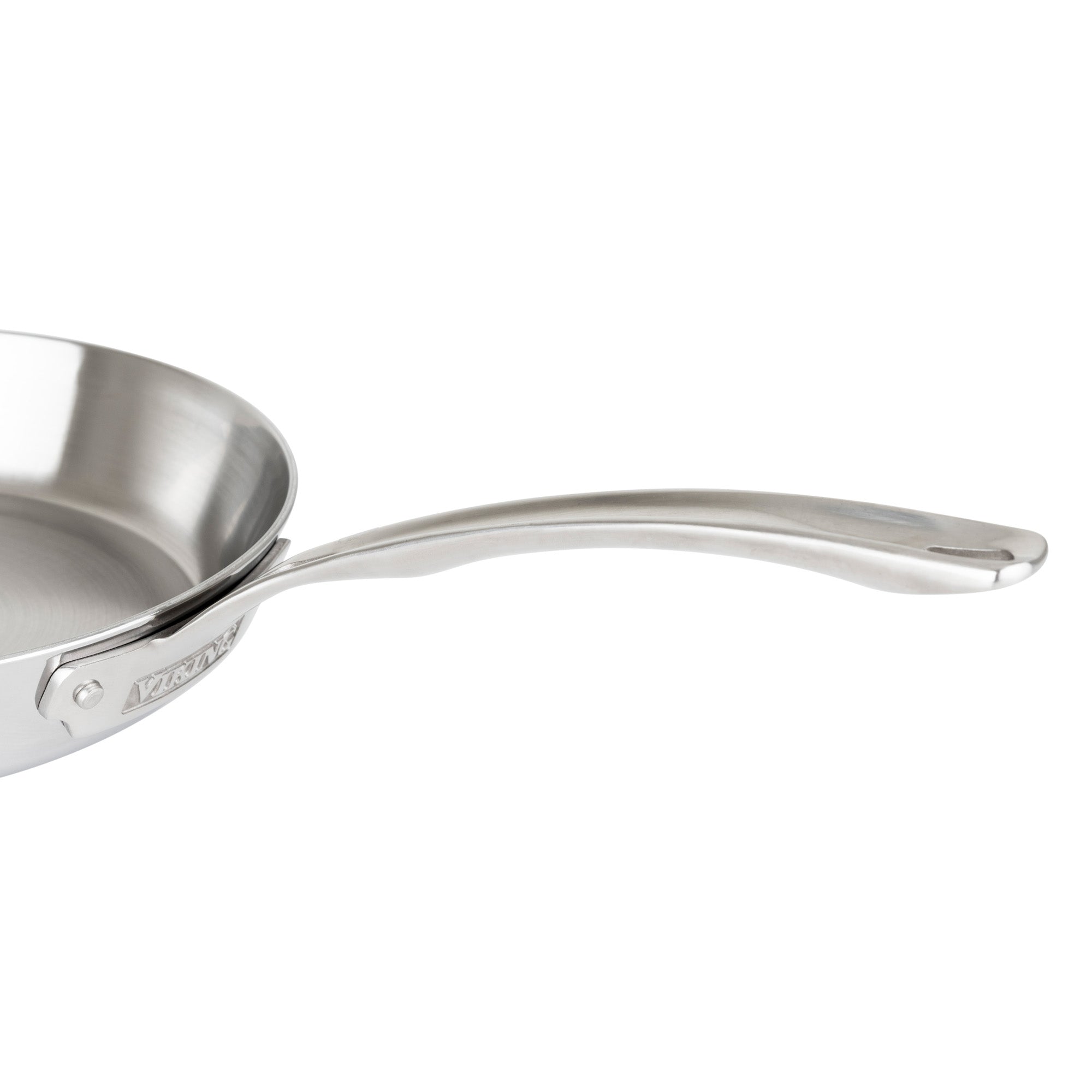 A close-up of the Viking Contemporary 3-Ply Stainless Steel 10-Inch Fry Pan by Viking Culinary Products, featuring its long, curved handle and induction compatibility, shown against a white background.