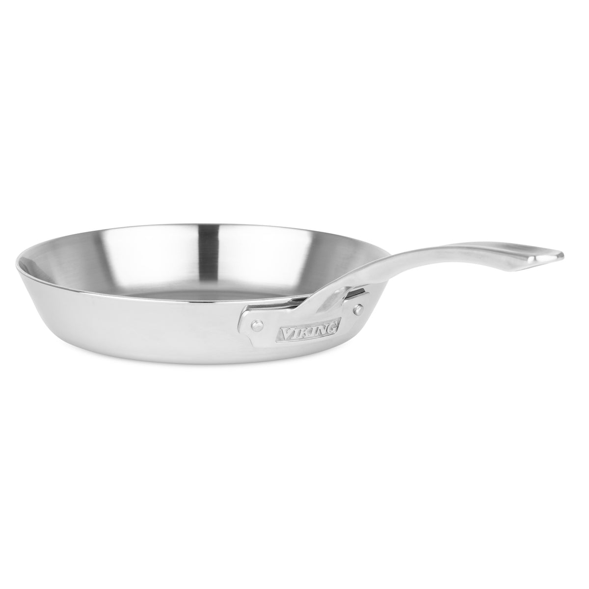 The Viking Contemporary 3-Ply Stainless Steel 10-Inch Fry Pan by Viking Culinary Products features a long, curved handle, is induction compatible, and displays the elegantly engraved brand name on the side against a white background.