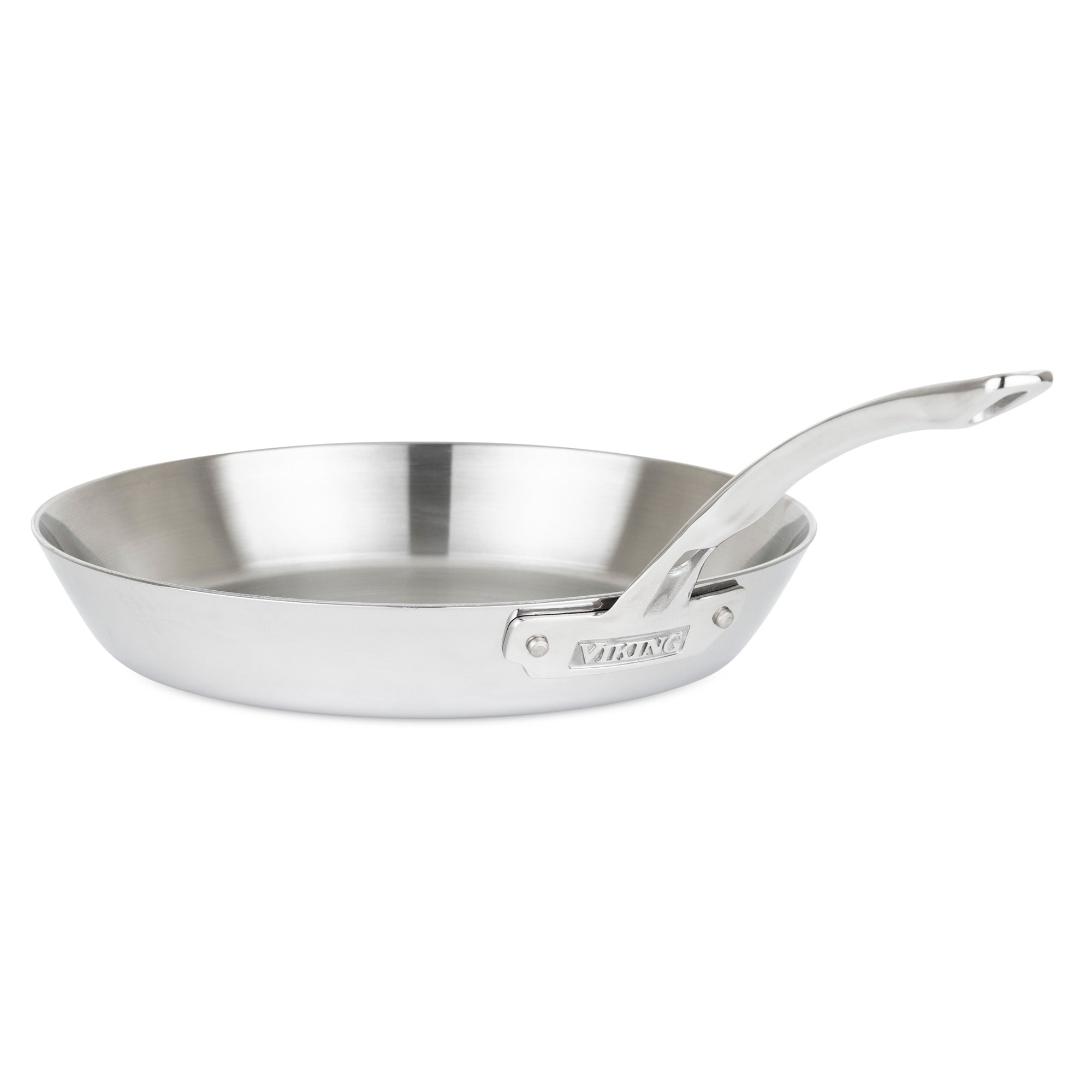 The Viking Contemporary 3-Ply Stainless Steel 12-Inch Fry Pan from Viking Culinary Products features a shiny, non-reactive finish, a long curved handle engraved with the brand name, and is induction compatible. Shown on a white background.