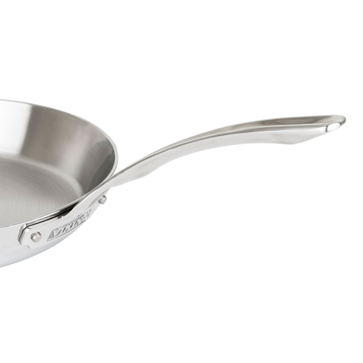 Close-up of the Viking Contemporary 3-Ply Stainless Steel 12-Inch Fry Pan by Viking Culinary Products, with a long curved handle and brand embossing near the rivets. Induction compatible for versatile cooking.