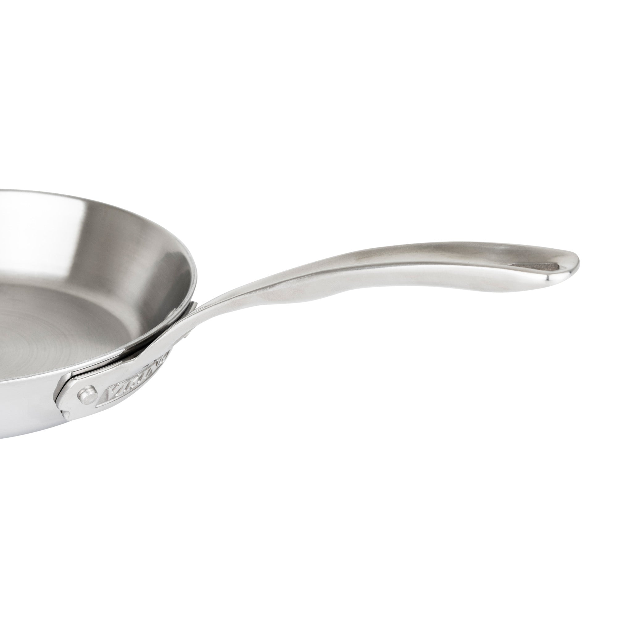A close-up of the Viking Contemporary 3-Ply Stainless Steel 8-Inch Fry Pan by Viking Culinary Products, featuring its induction-compatible curved metal handle and gleaming stainless steel interior.