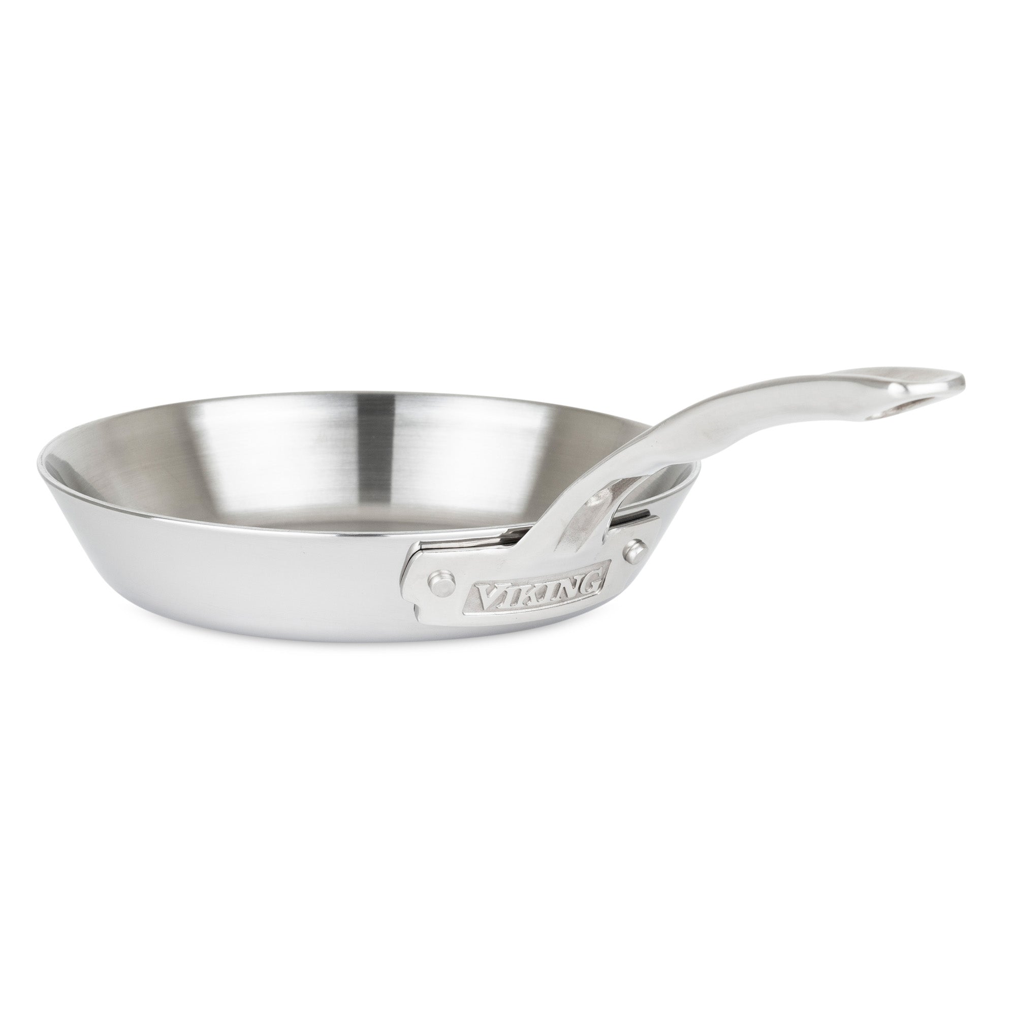 The Viking Contemporary 3-Ply Stainless Steel 8-Inch Fry Pan by Viking Culinary Products features a shiny, curved handle with the brand name engraved, a stainless steel interior, and is induction compatible, shown on a white background.