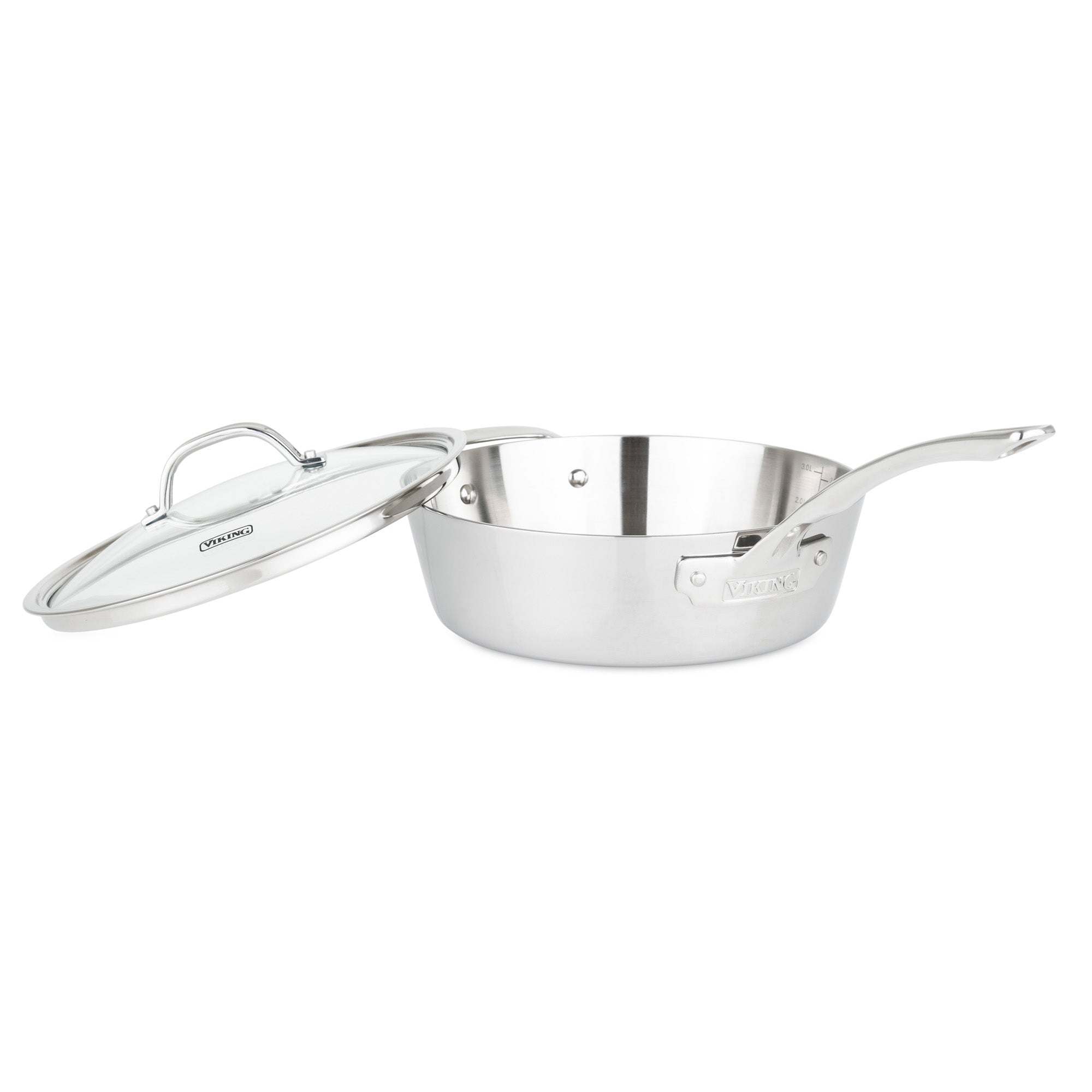 The Viking Contemporary 3-Ply 3.6-Quart Sauté Pan with Glass Lid by Viking Culinary Products rests at an angle on a white background, displaying its induction compatible design and long handle.
