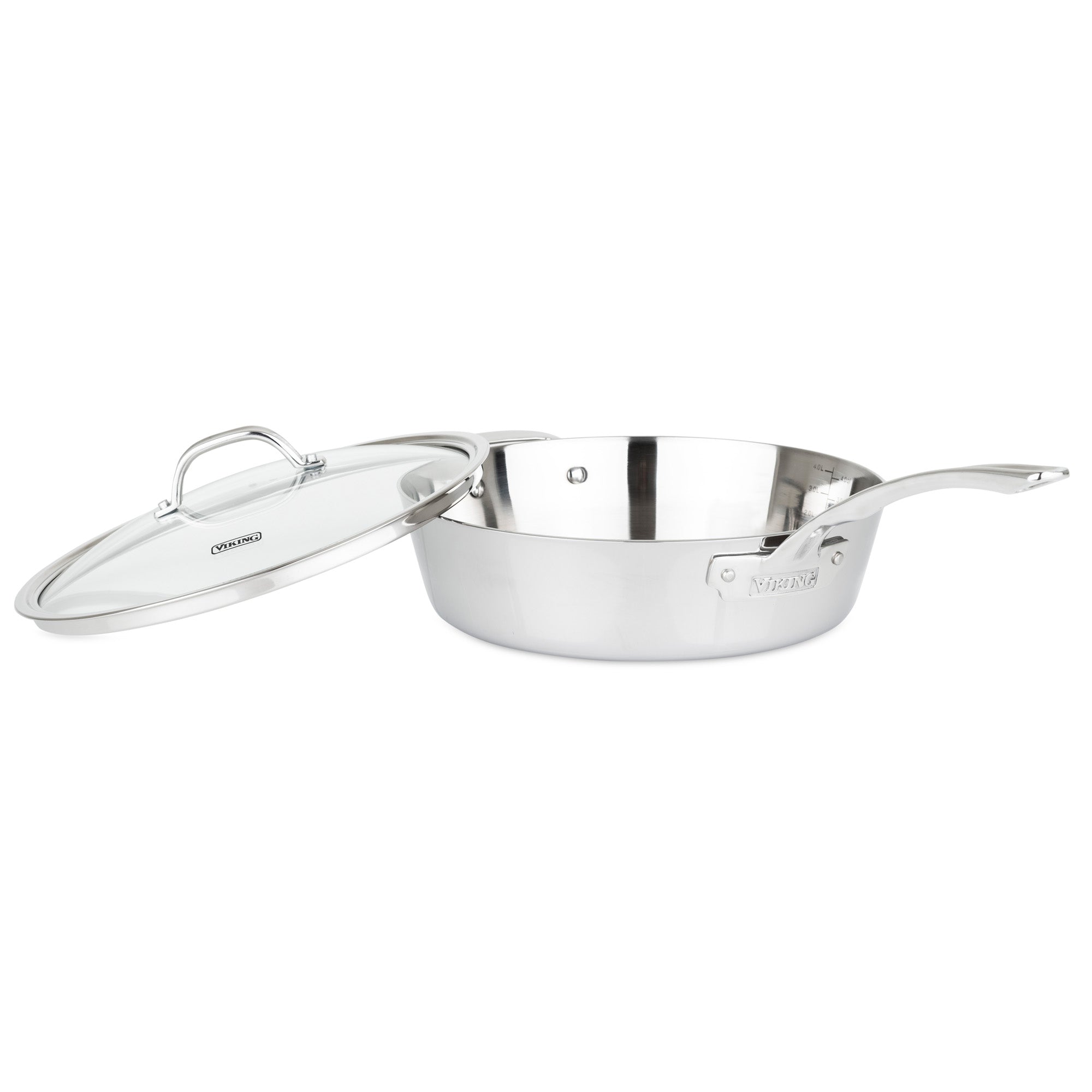 The Viking Contemporary 3-Ply 4.8-Quart Sauté Pan from Viking Culinary Products sits on a white background, featuring a long handle and glass lid beside it. Induction compatible, it’s ideal for versatile cooking.