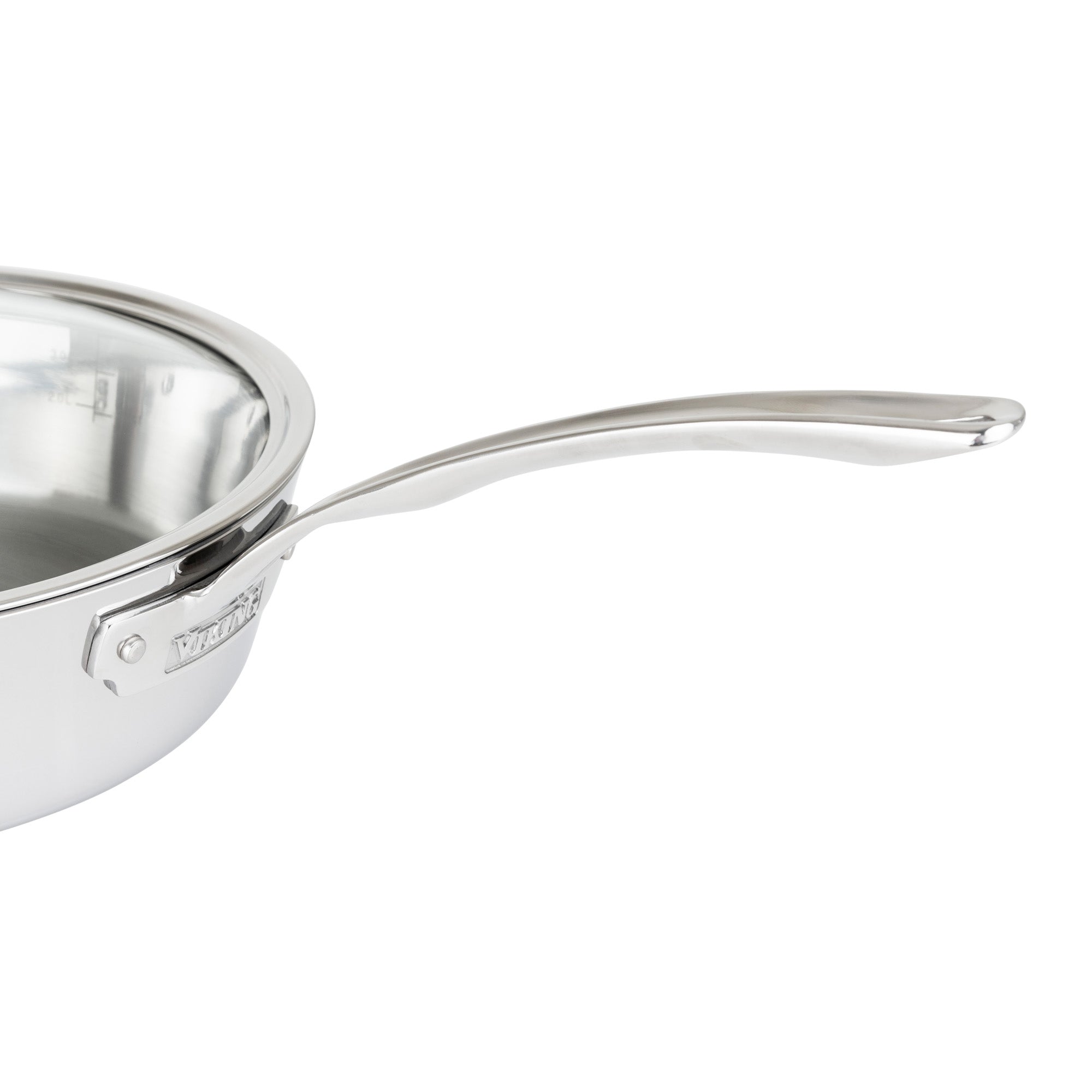 The Viking Contemporary 3-Ply 4.8-Quart Sauté Pan with Glass Lid by Viking Culinary Products features a shiny stainless steel finish, long metal handle, and reflective interior; this versatile pan is also induction compatible.