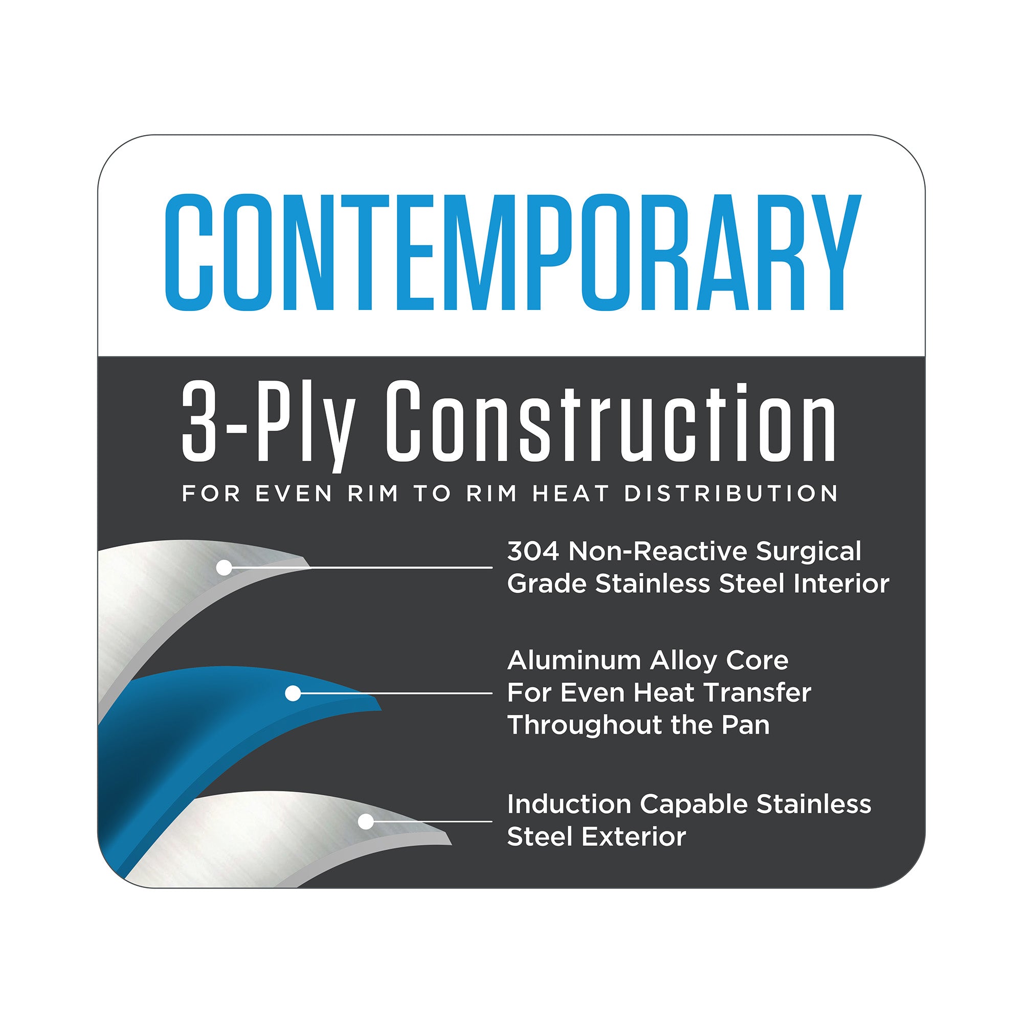 A graphic labeled Contemporary 3-Ply Construction features the Viking Contemporary 3-Ply Stainless Steel 8-Inch Fry Pan by Viking Culinary Products, with a stainless steel interior, aluminum alloy core, and induction compatible stainless exterior for even heating.