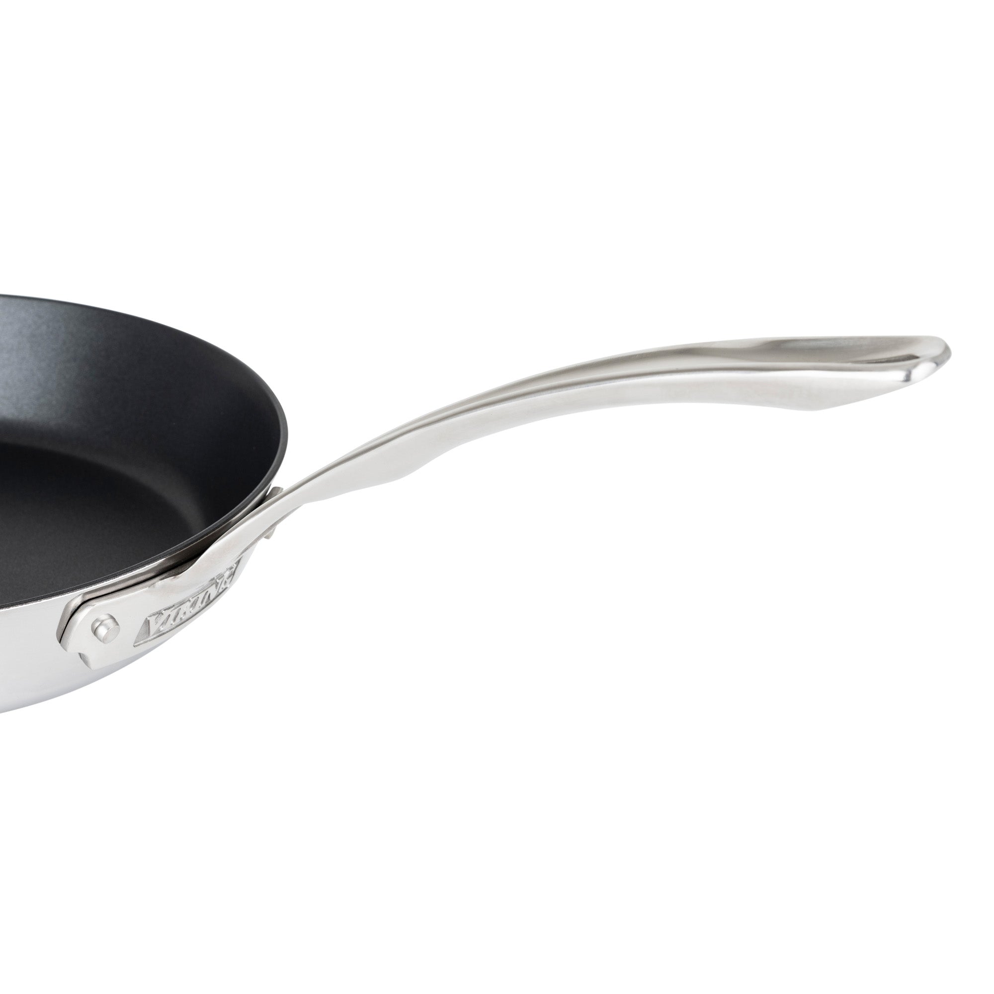 The Viking Contemporary 3-Ply Stainless Steel 10-Inch Nonstick Fry Pan by Viking Culinary Products features an induction compatible design with a sleek black interior and a long, curved metal handle.