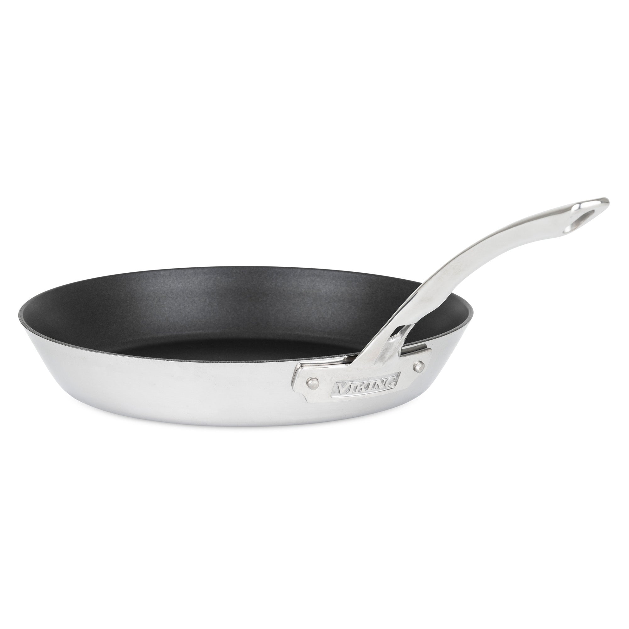 The Viking Contemporary 3-Ply Stainless Steel 12-Inch Nonstick Fry Pan by Viking Culinary Products features a black interior, long sturdy handle with engraved branding, and is induction compatible. Shown against a white background.