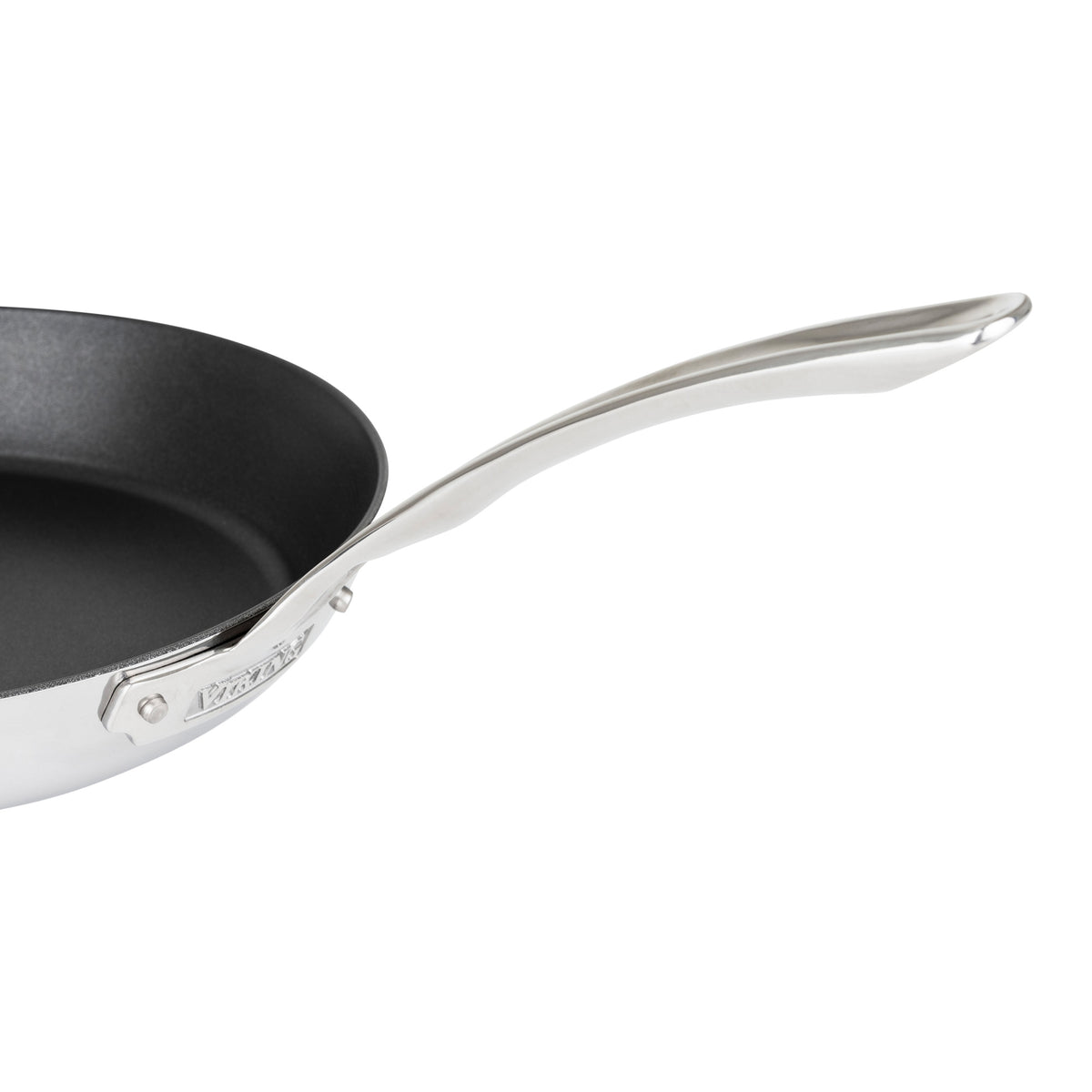 A close-up of the Viking Contemporary 3-Ply Stainless Steel 12-Inch Nonstick Fry Pan by Viking Culinary Products, featuring a curved handle and induction-compatible design, set against a white background.