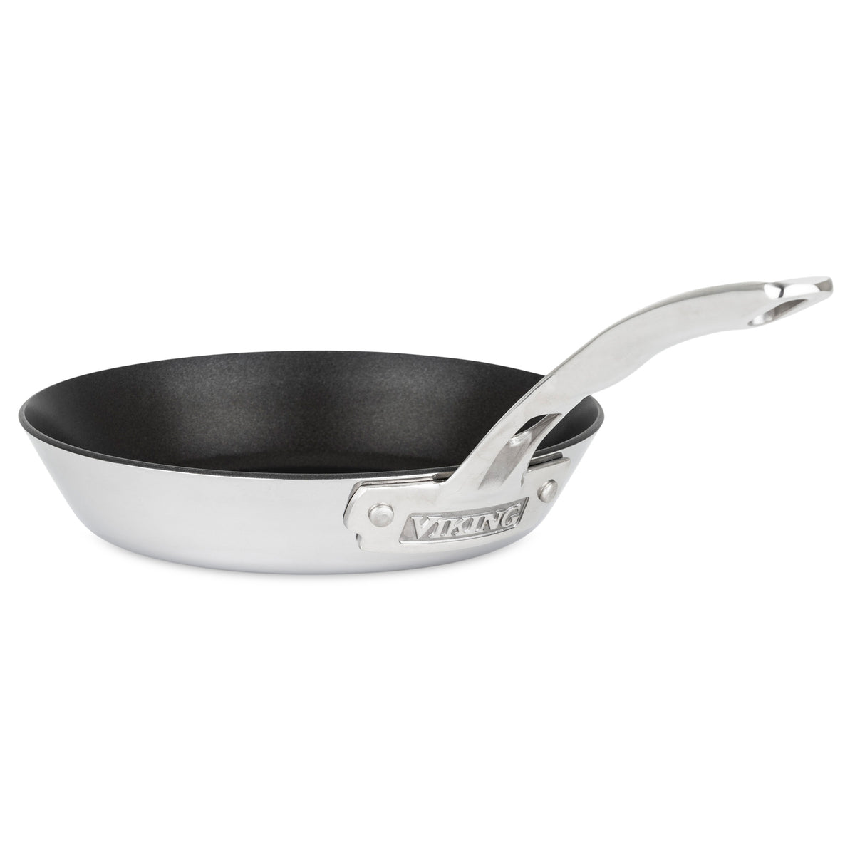 The Viking Contemporary 3-Ply Stainless Steel 8-Inch Nonstick Fry Pan by Viking Culinary Products features a silver exterior, black nonstick interior, angled metal handle with Viking engraved near it, and is shown on a white background.