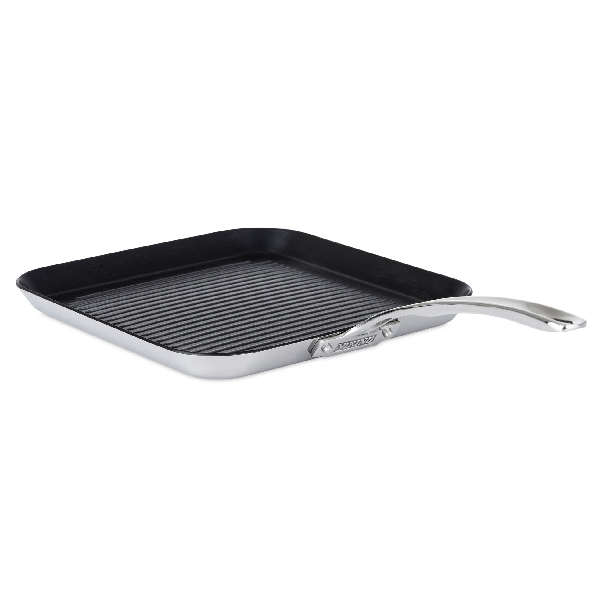 The Viking Contemporary 3-Ply Stainless Steel 11-Inch Nonstick Grill Pan by Viking Culinary Products features raised ridges, a long handle, and is induction compatible for stovetop grilling.