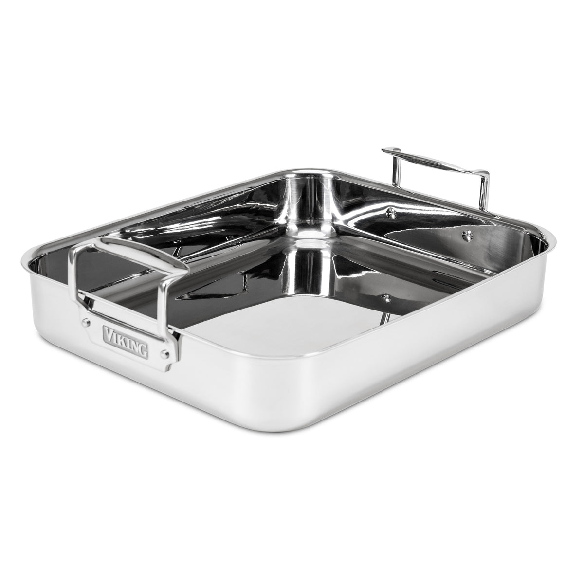 The Viking 3-Ply Stainless Steel Roaster with Rack by Viking Culinary Products features a shiny, smooth, reflective interior, two sturdy side handles (brand visible on front), and includes a convenient nonstick rack for easy roasting.