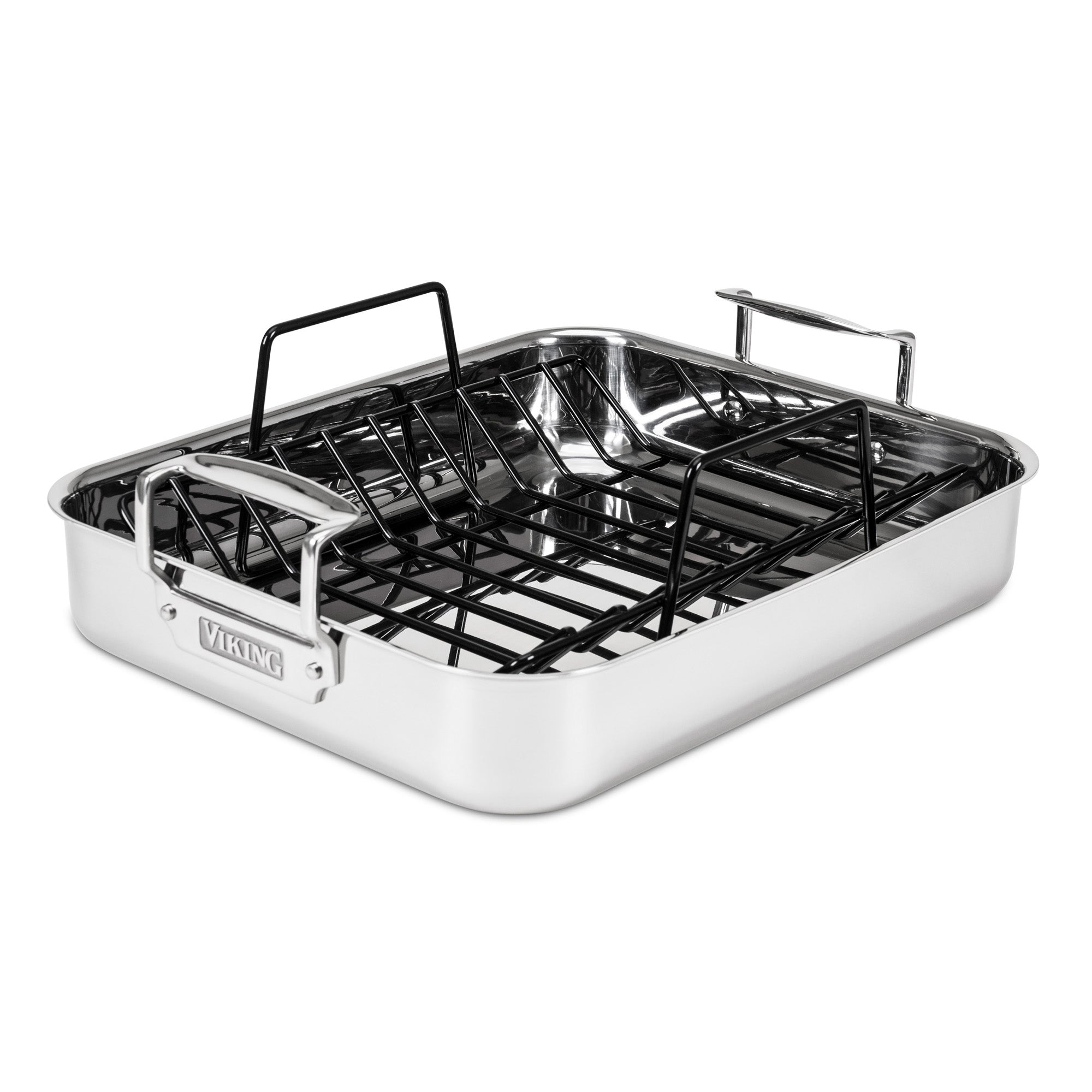 The Viking 3-Ply Stainless Steel Roaster with Rack by Viking Culinary Products features built-in side handles for easy lifting. The empty roaster, including its nonstick rack, is displayed against a white background.