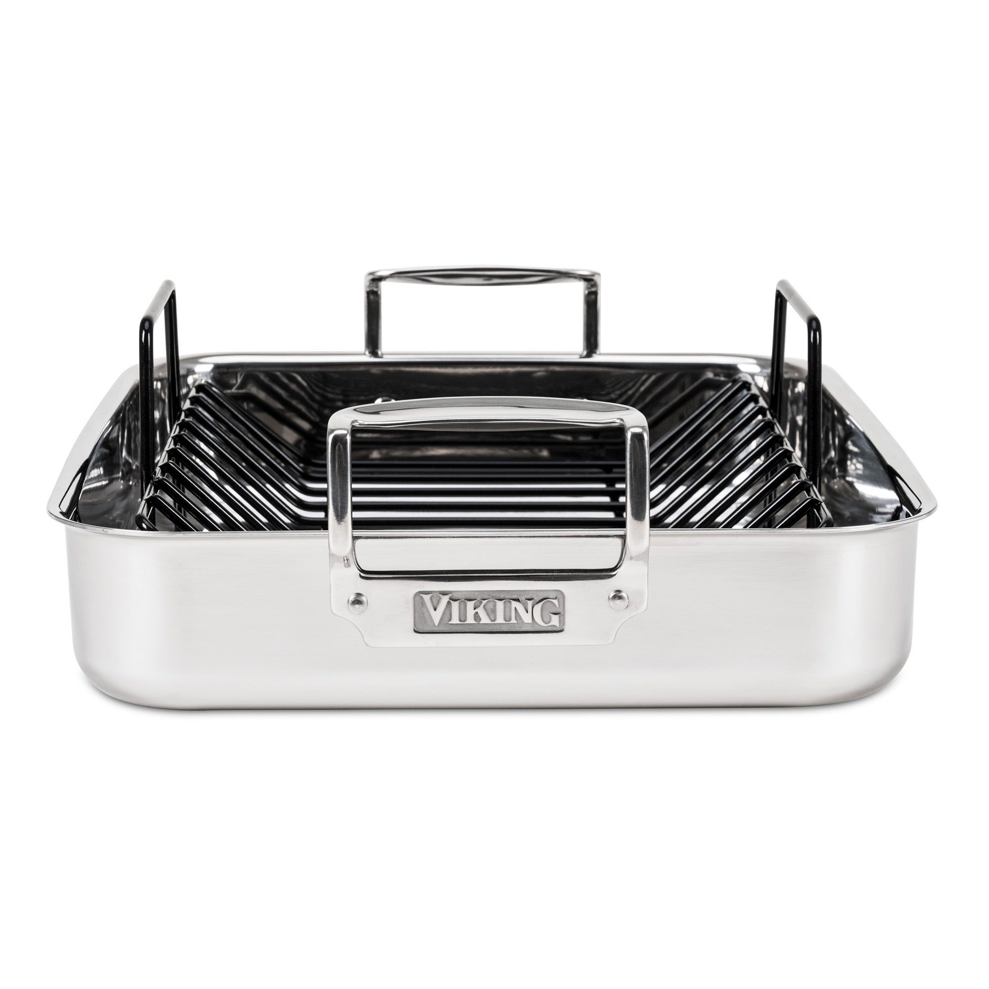 The Viking Culinary Products 3-Ply Stainless Steel Roaster with Rack features sturdy handles and a removable nonstick rack, with the Viking brand name engraved on the front handle.