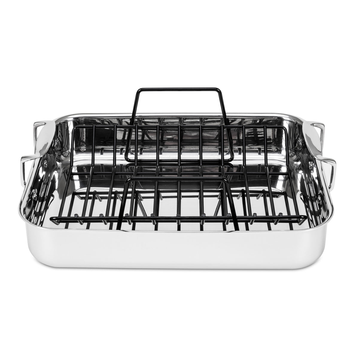 The Viking 3-Ply Stainless Steel Roaster with Rack by Viking Culinary Products is a rectangular pan with sturdy side handles and a removable nonstick rack, shown from the front on a white background.