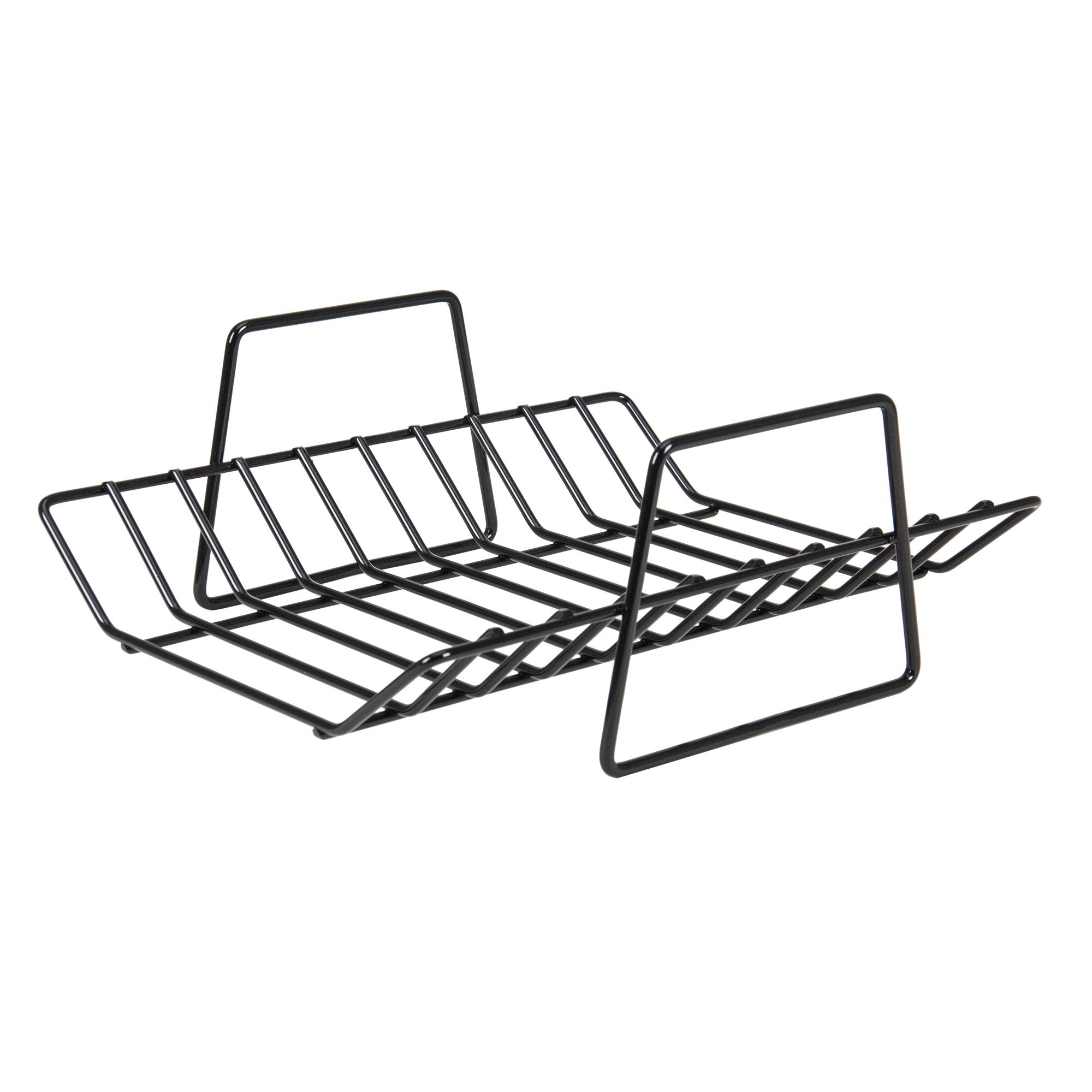 The Viking 3-Ply Stainless Steel Roaster with Rack by Viking Culinary Products features parallel slots for holding slices upright and two triangular handles at each end.