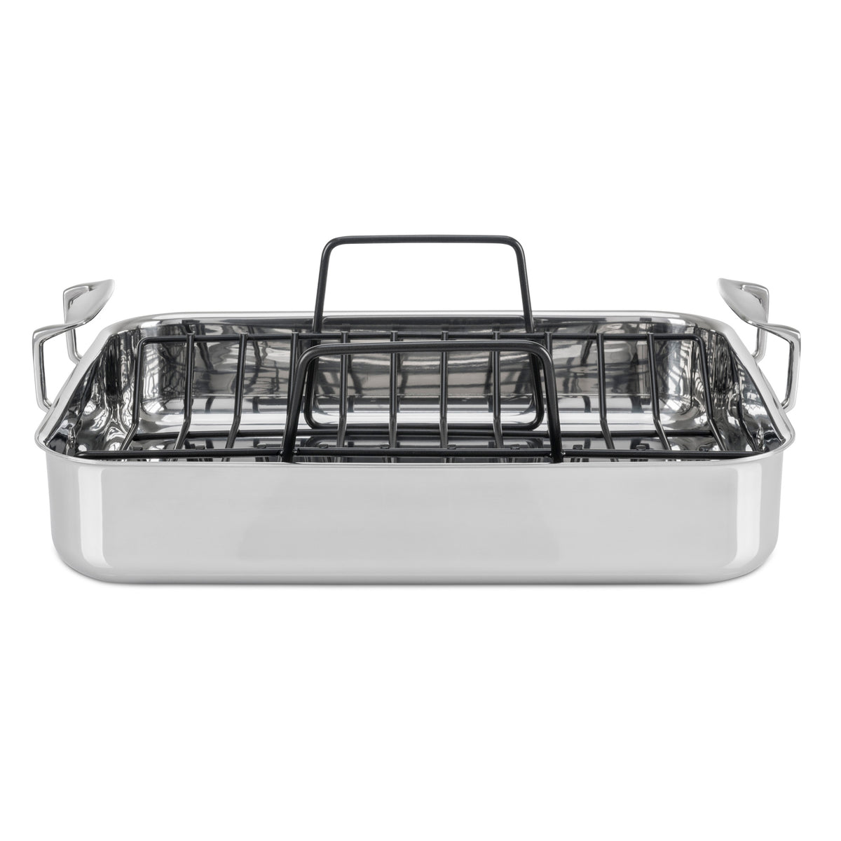 The Viking 3-Ply Stainless Steel Roaster with Rack by Viking Culinary Products features two side handles and a nonstick rack, shown from the front.