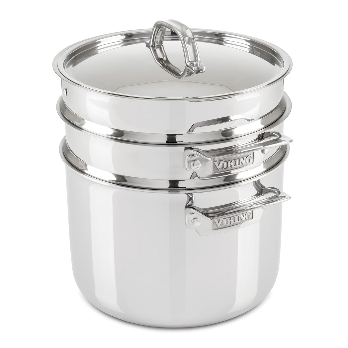 The Viking Culinary Products 3-Ply Stainless Steel 8 Qt Multipot 4-Piece Set includes two stacked pots, a pasta insert, sturdy handles with the Viking label, and a metal lid.