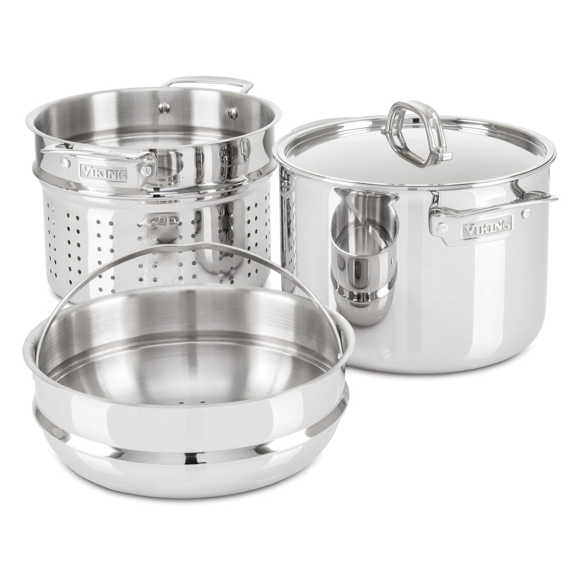 The Viking Culinary Products 3-Ply Stainless Steel 8 Qt Multipot 4-Piece Set features a stock pot with metal lid, steamer and pasta inserts, all with sturdy handles and polished finishes.